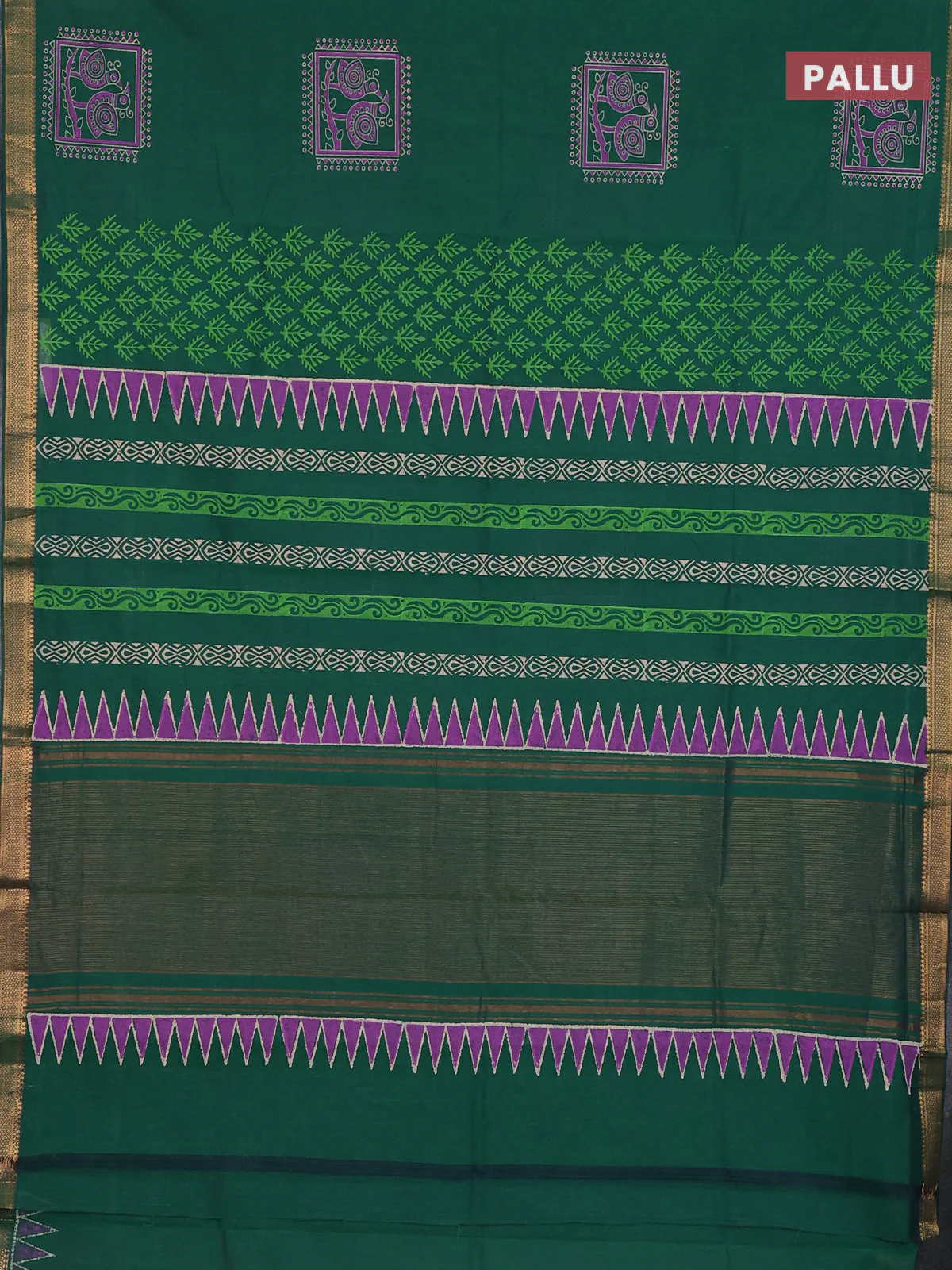 Mangalagiri cotton block printed saree green with butta prints and mangalgiri border - Image 3
