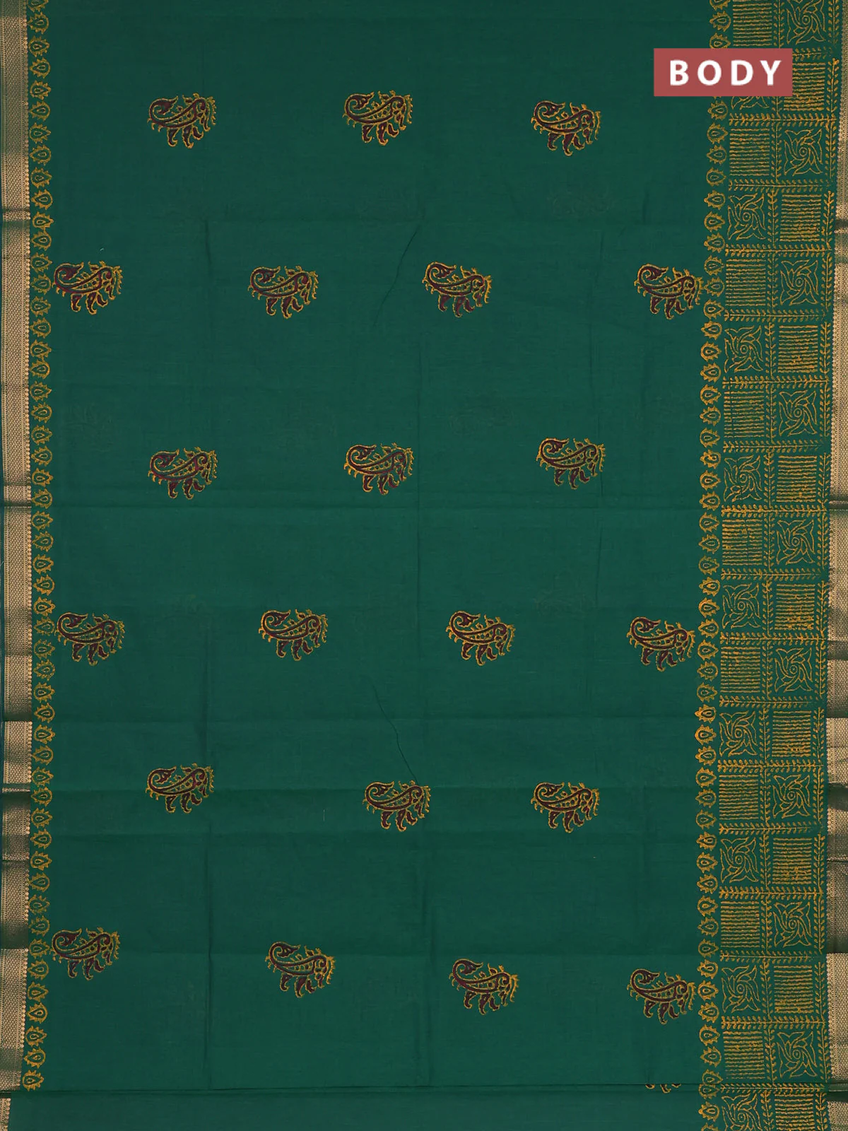 Mangalagiri cotton block printed saree green with butta prints and mangalgiri border - Image 2