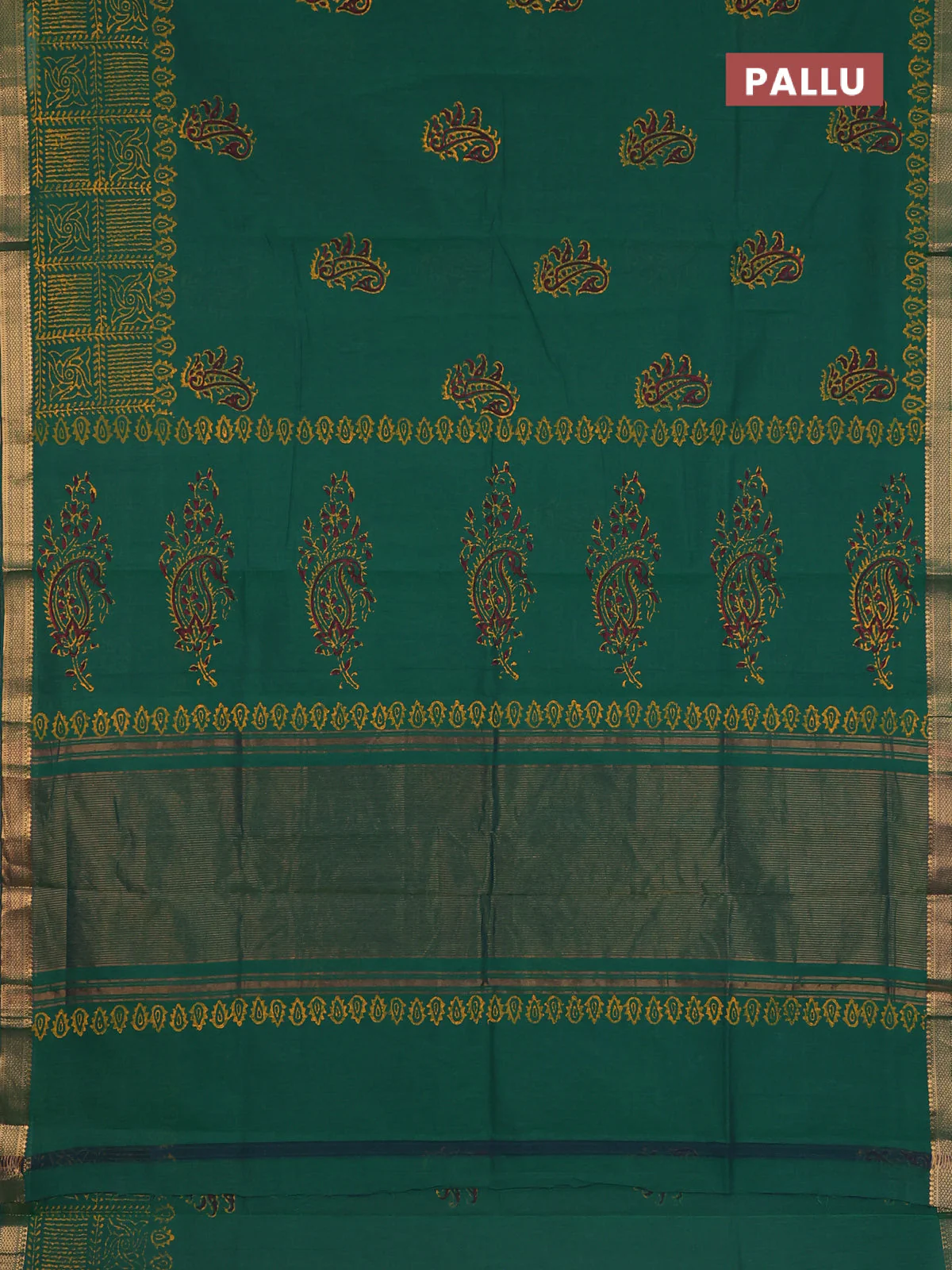 Mangalagiri cotton block printed saree green with butta prints and mangalgiri border - Image 3