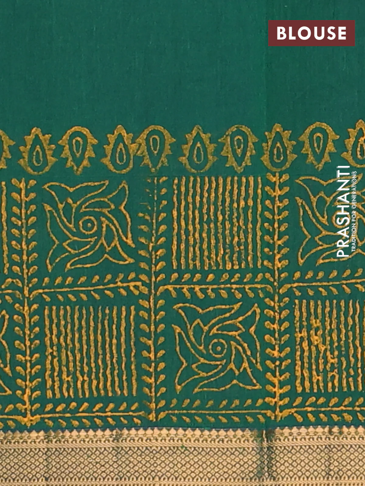 Mangalagiri cotton block printed saree green with butta prints and mangalgiri border - Image 4
