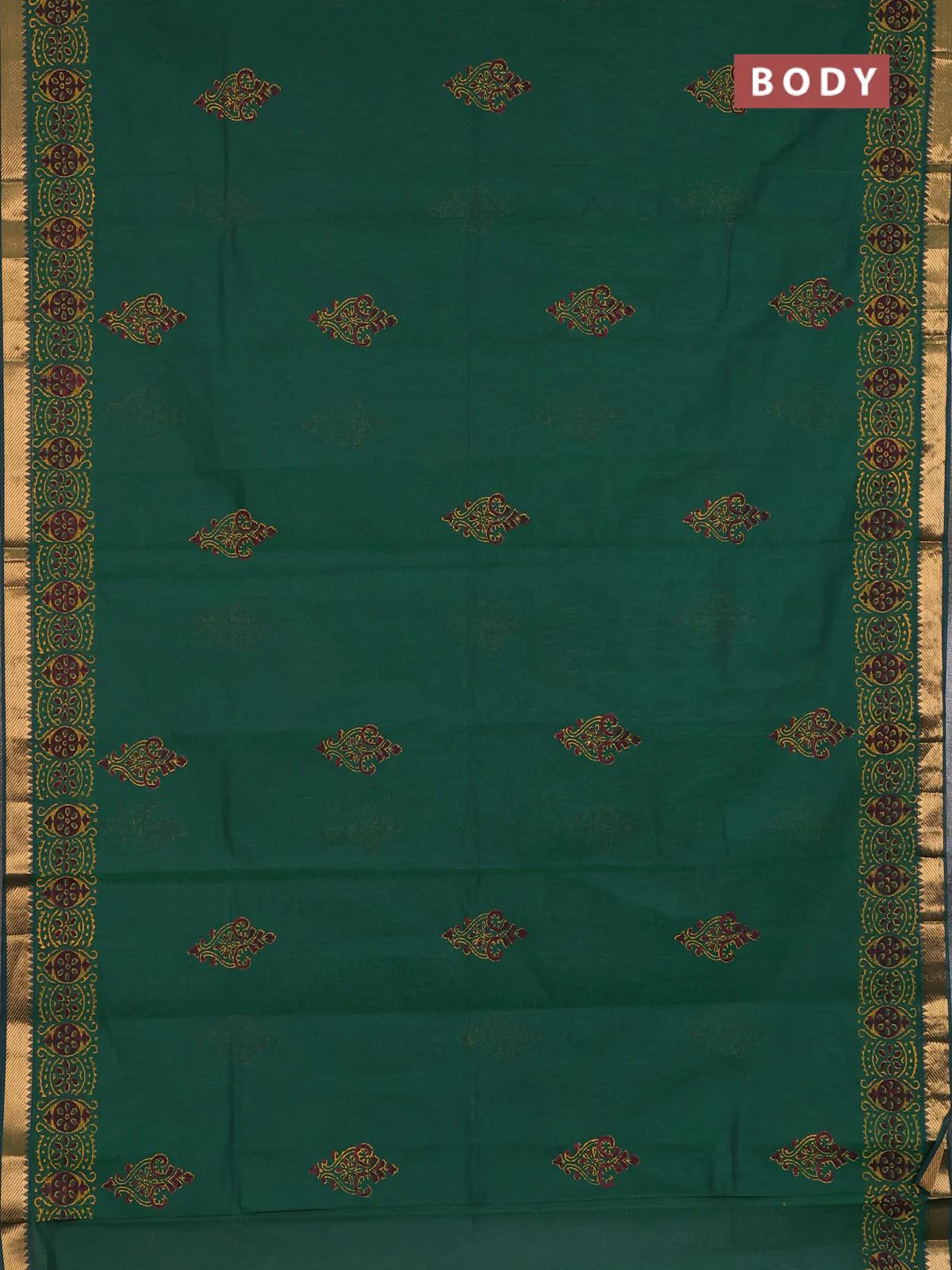 Mangalagiri cotton block printed saree green with butta prints and mangalgiri border - Image 2