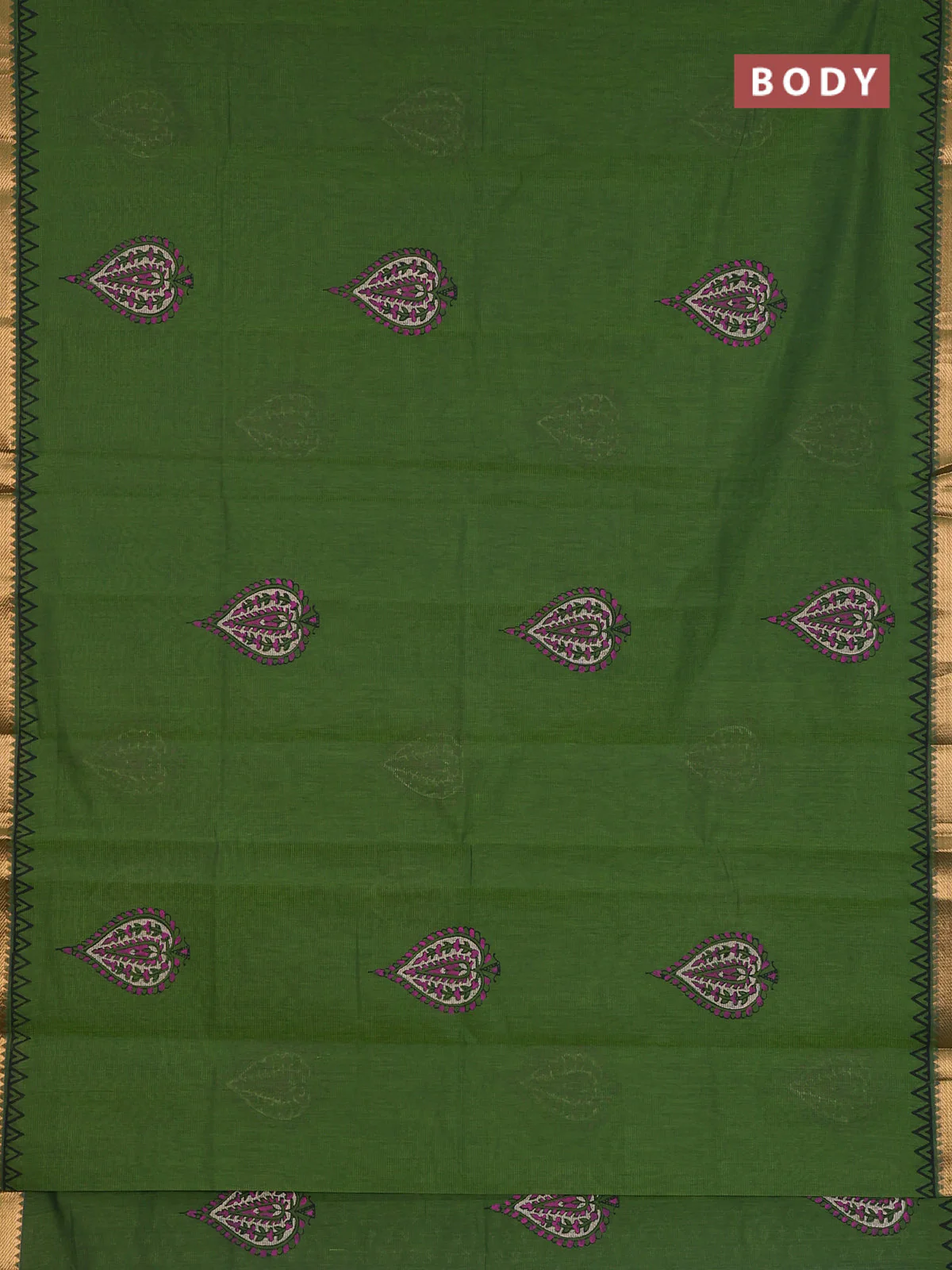 Mangalagiri cotton block printed saree green with butta prints and mangalgiri border - Image 2