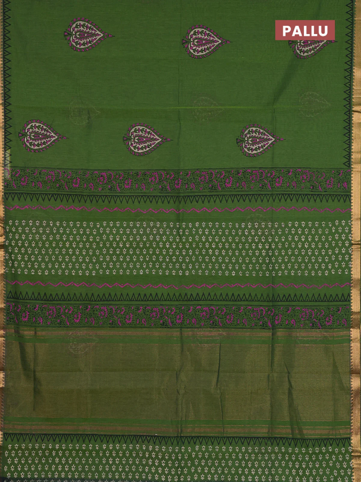 Mangalagiri cotton block printed saree green with butta prints and mangalgiri border - Image 3