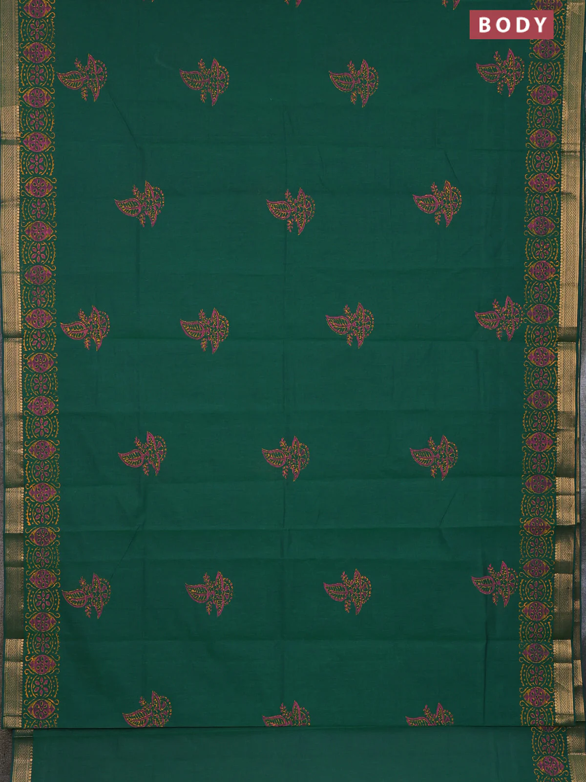 Mangalagiri cotton block printed saree green with butta prints and mangalgiri border - Image 2