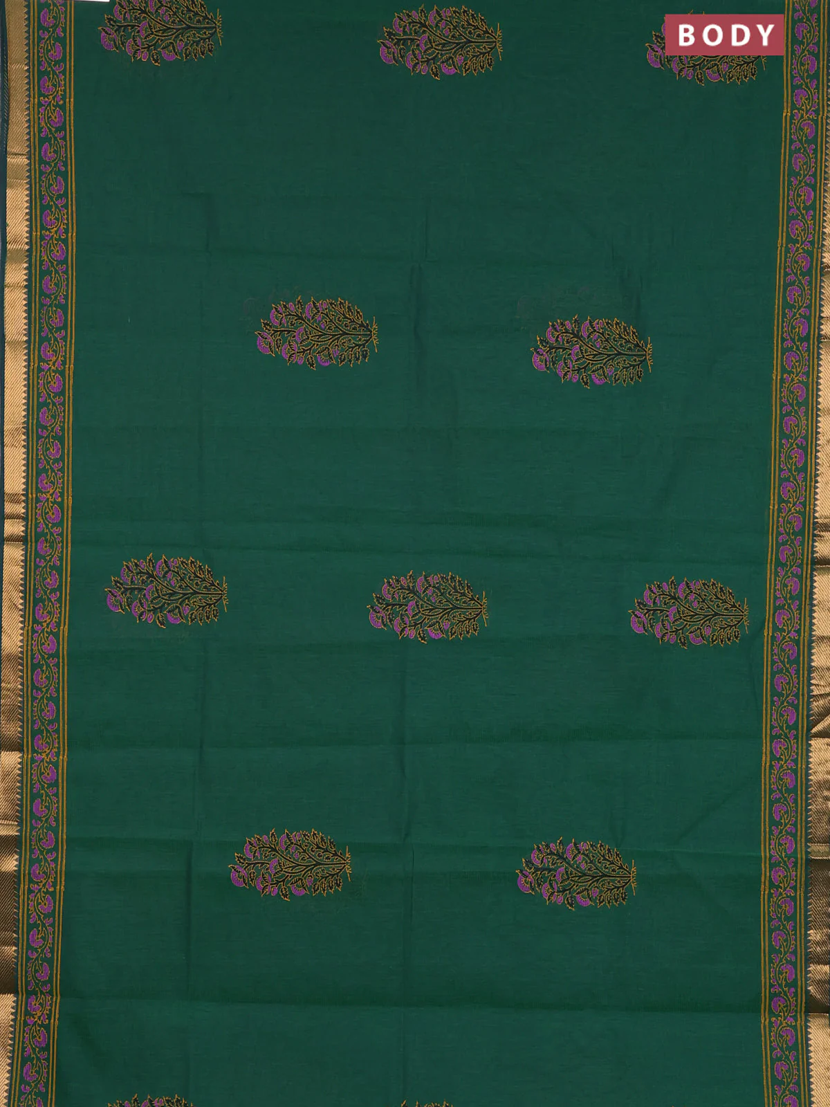 Mangalagiri cotton block printed saree green with floral butta prints and mangalgiri border - Image 2
