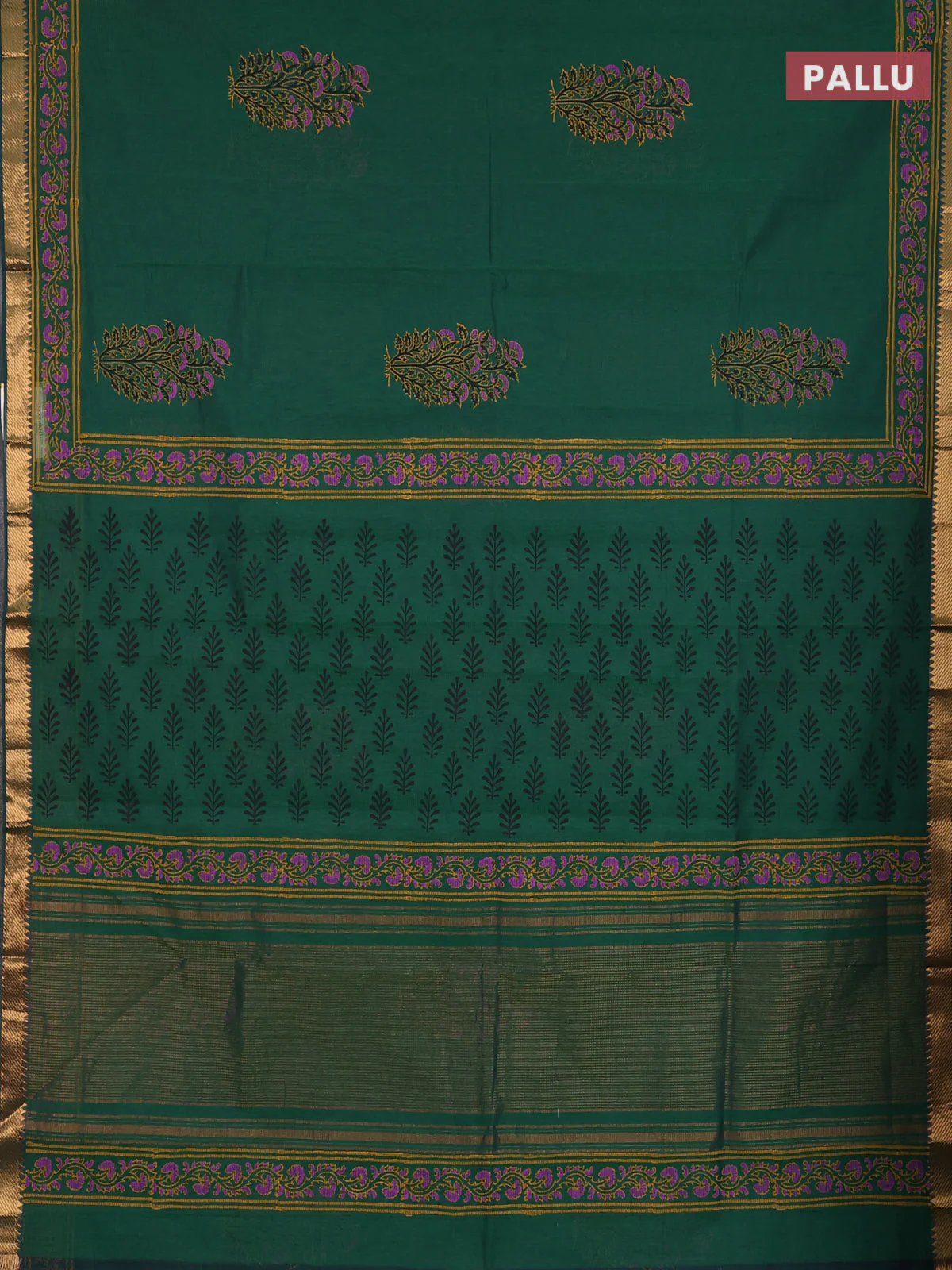 Mangalagiri cotton block printed saree green with floral butta prints and mangalgiri border - Image 3