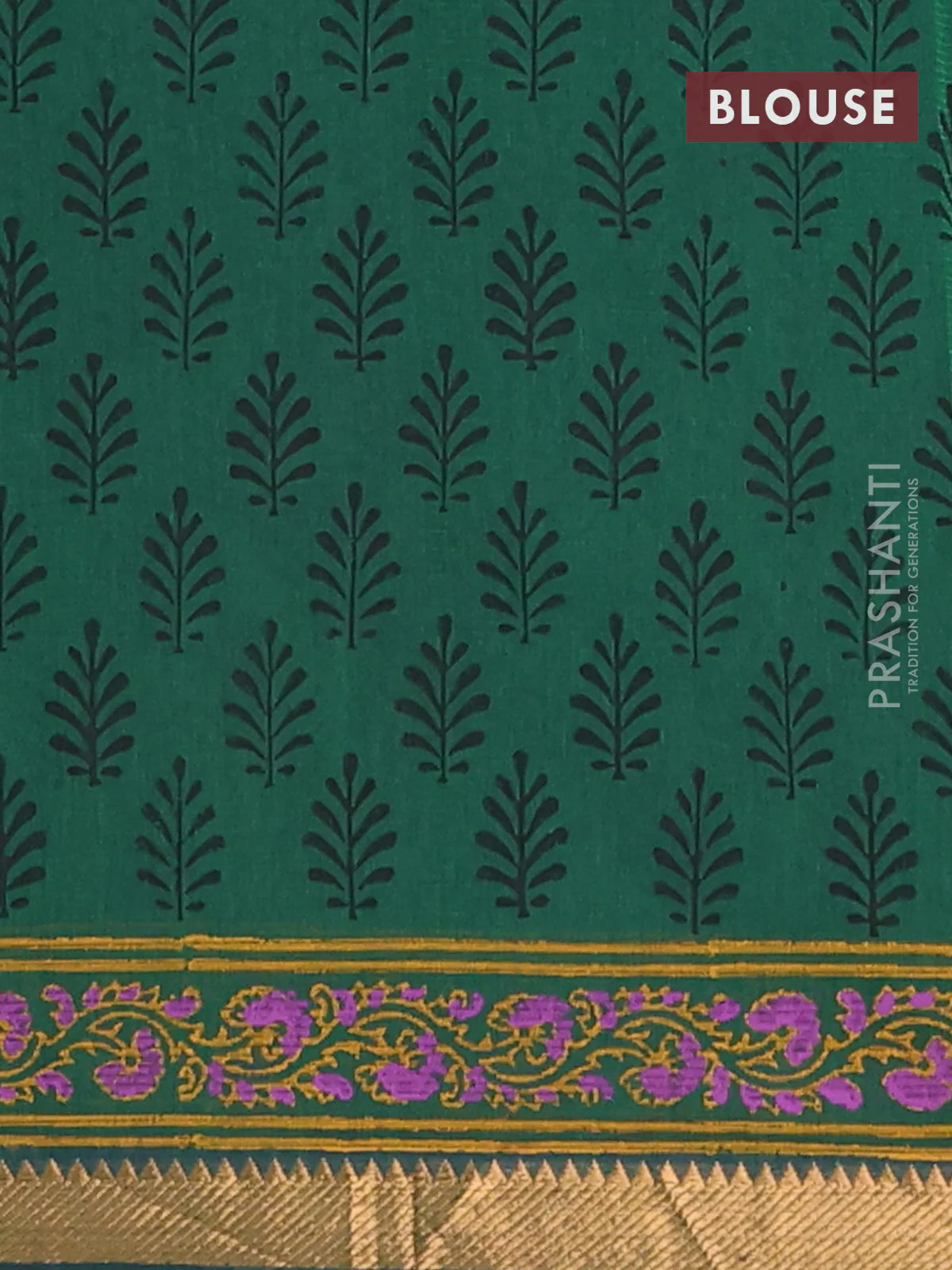 Mangalagiri cotton block printed saree green with floral butta prints and mangalgiri border - Image 4