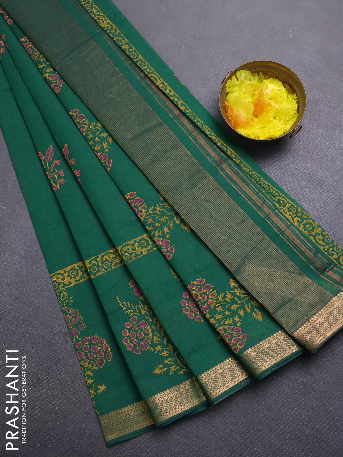 Mangalagiri cotton block printed saree green with floral butta prints and mangalgiri border