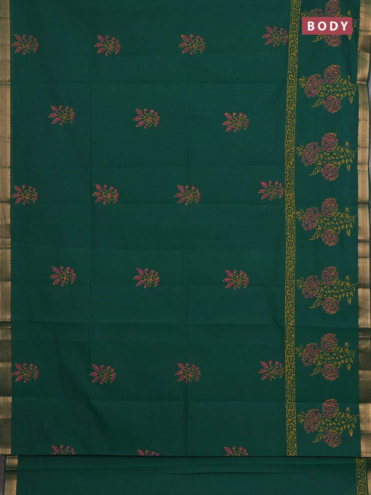 Mangalagiri cotton block printed saree green with floral butta prints and mangalgiri border - Image 2
