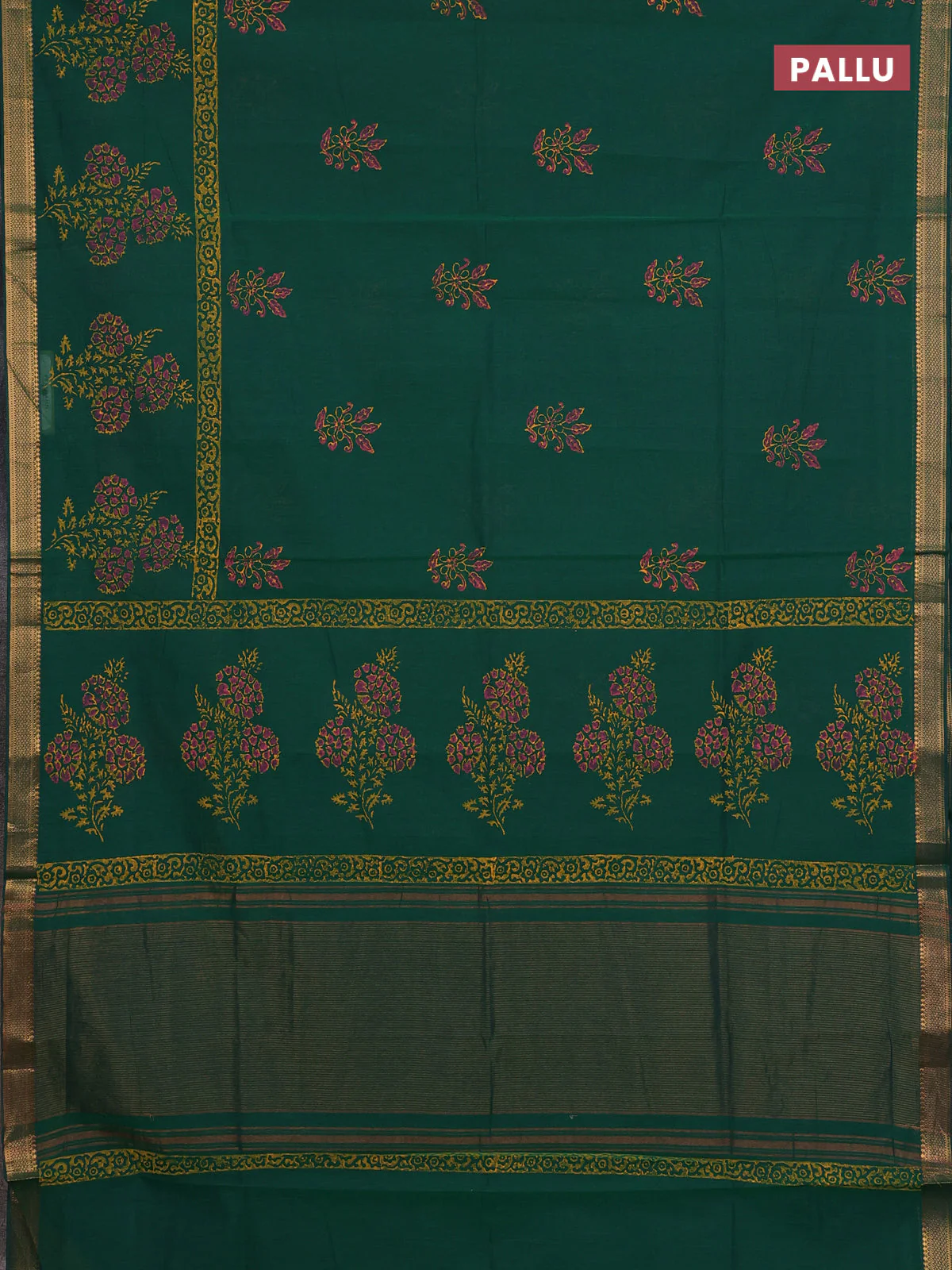Mangalagiri cotton block printed saree green with floral butta prints and mangalgiri border - Image 3