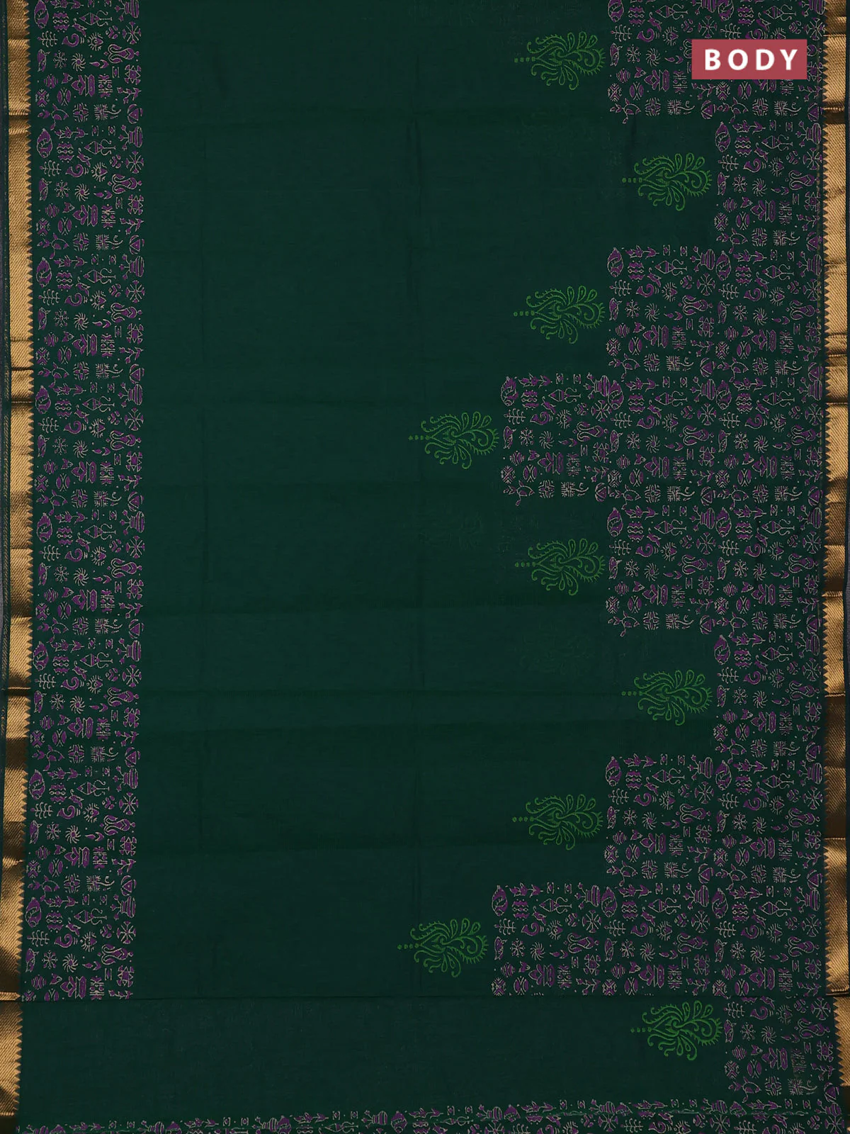 Mangalagiri cotton block printed saree green with prints and mangalgiri border - Image 2