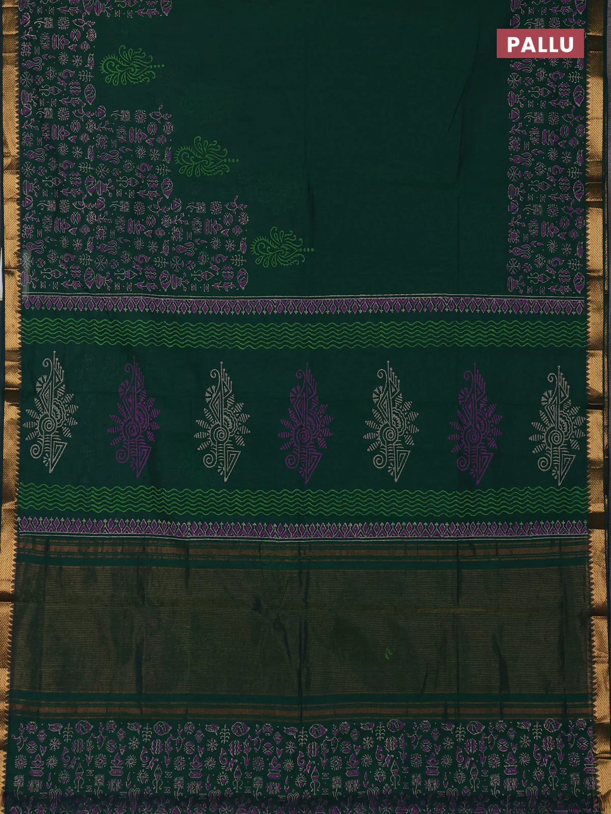 Mangalagiri cotton block printed saree green with prints and mangalgiri border - Image 3