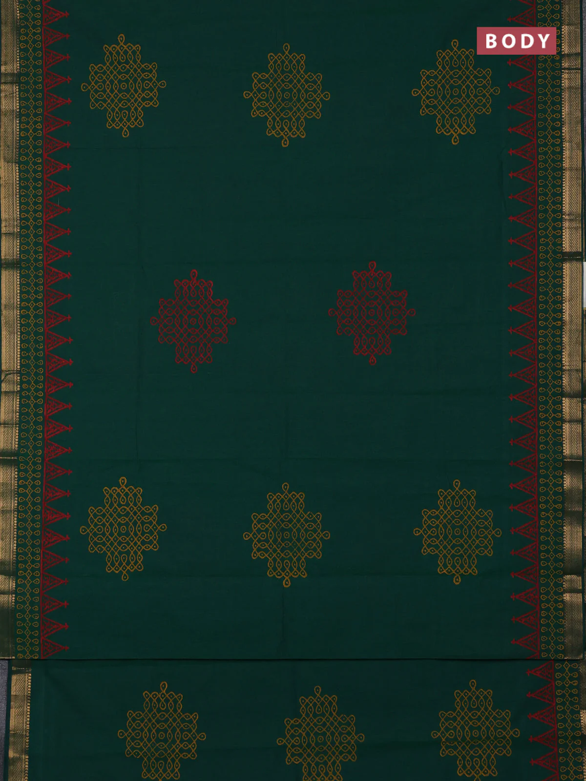 Mangalagiri cotton block printed saree green with rangoli butta prints and mangalgiri border - Image 2