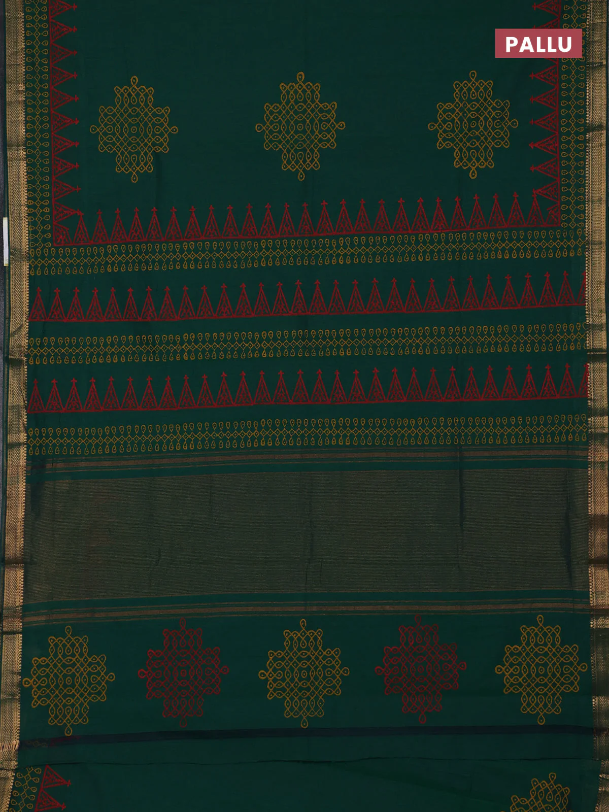 Mangalagiri cotton block printed saree green with rangoli butta prints and mangalgiri border - Image 3