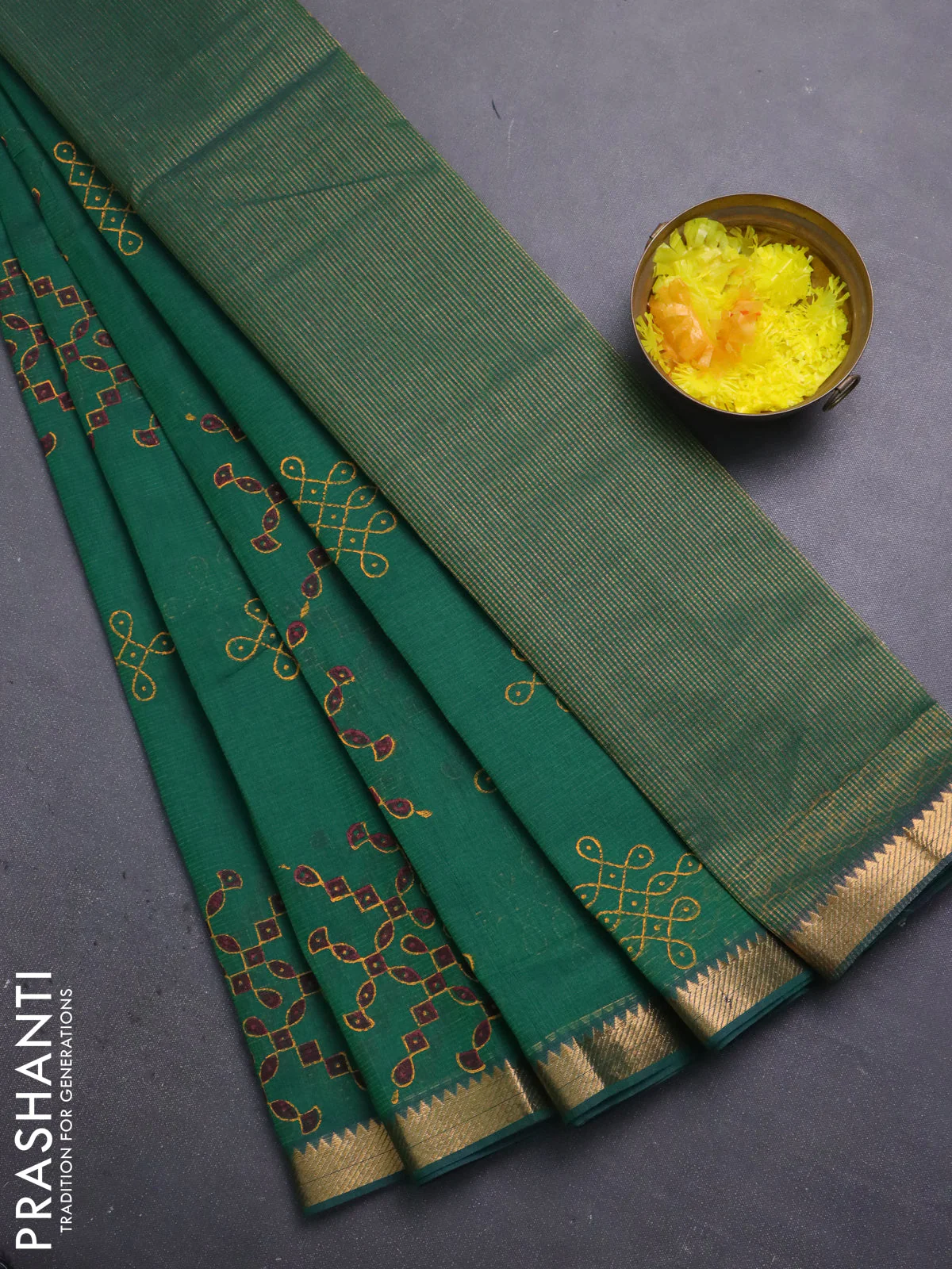 Mangalagiri cotton block printed saree green with rangoli butta prints and mangalgiri border