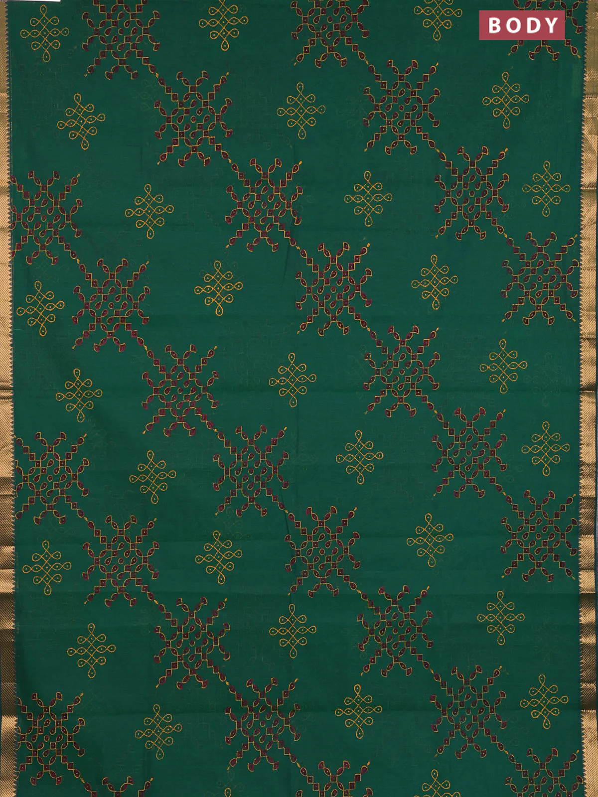 Mangalagiri cotton block printed saree green with rangoli butta prints and mangalgiri border - Image 2
