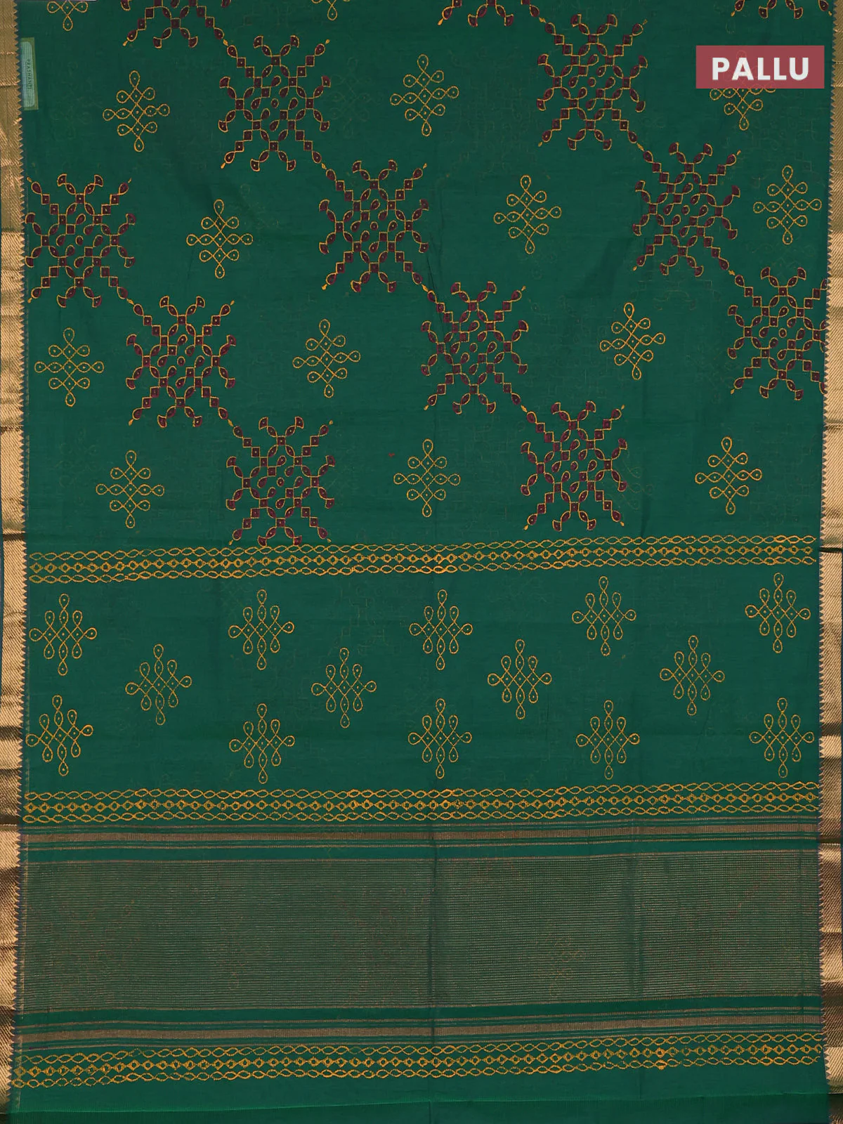 Mangalagiri cotton block printed saree green with rangoli butta prints and mangalgiri border - Image 3