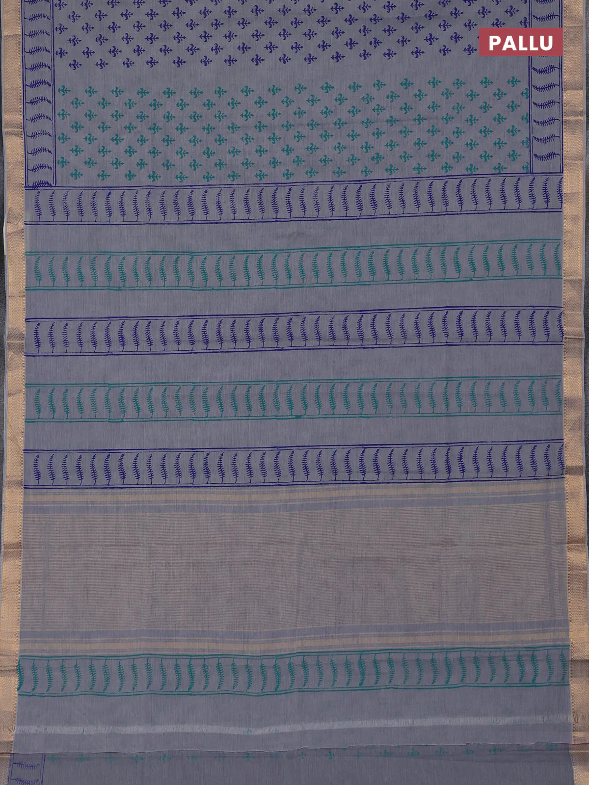 Mangalagiri cotton block printed saree grey with allover butta prints and mangalgiri border - Image 3