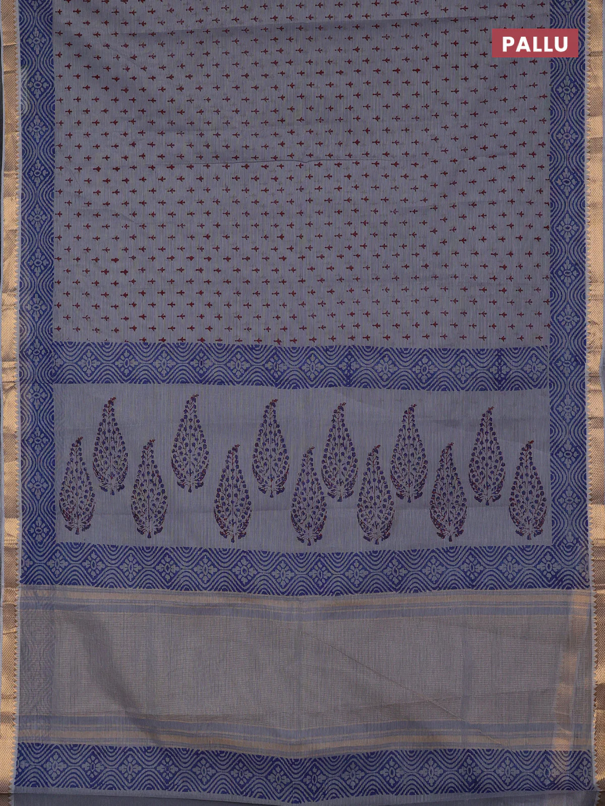 Mangalagiri cotton block printed saree grey with allover butta prints and mangalgiri border - Image 3