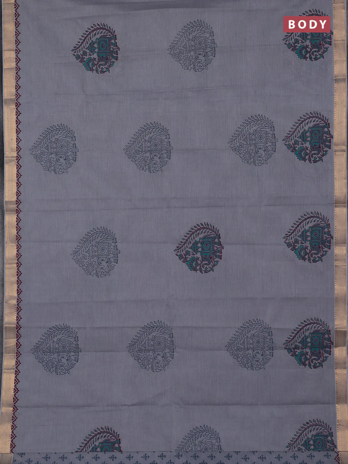 Mangalagiri cotton block printed saree grey with butta prints and mangalgiri border - Image 2