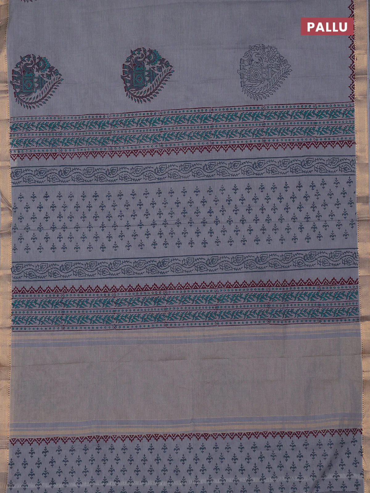 Mangalagiri cotton block printed saree grey with butta prints and mangalgiri border - Image 3