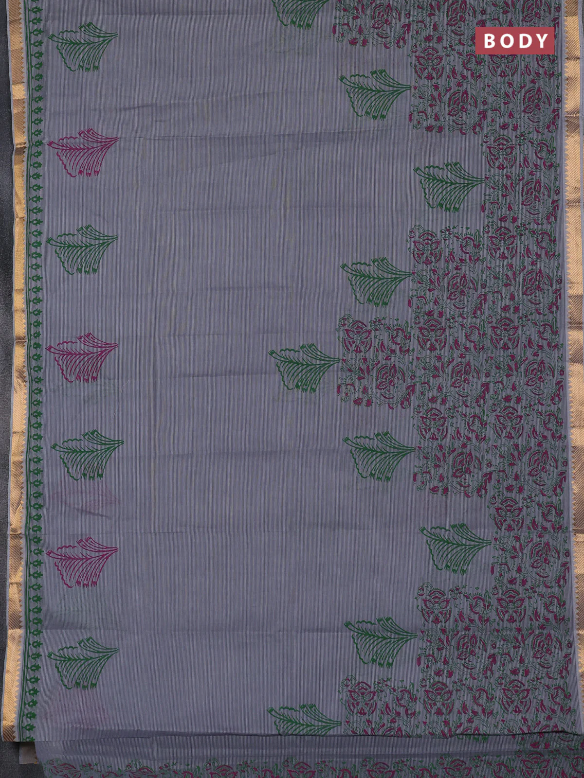 Mangalagiri cotton block printed saree grey with butta prints and mangalgiri border - Image 2