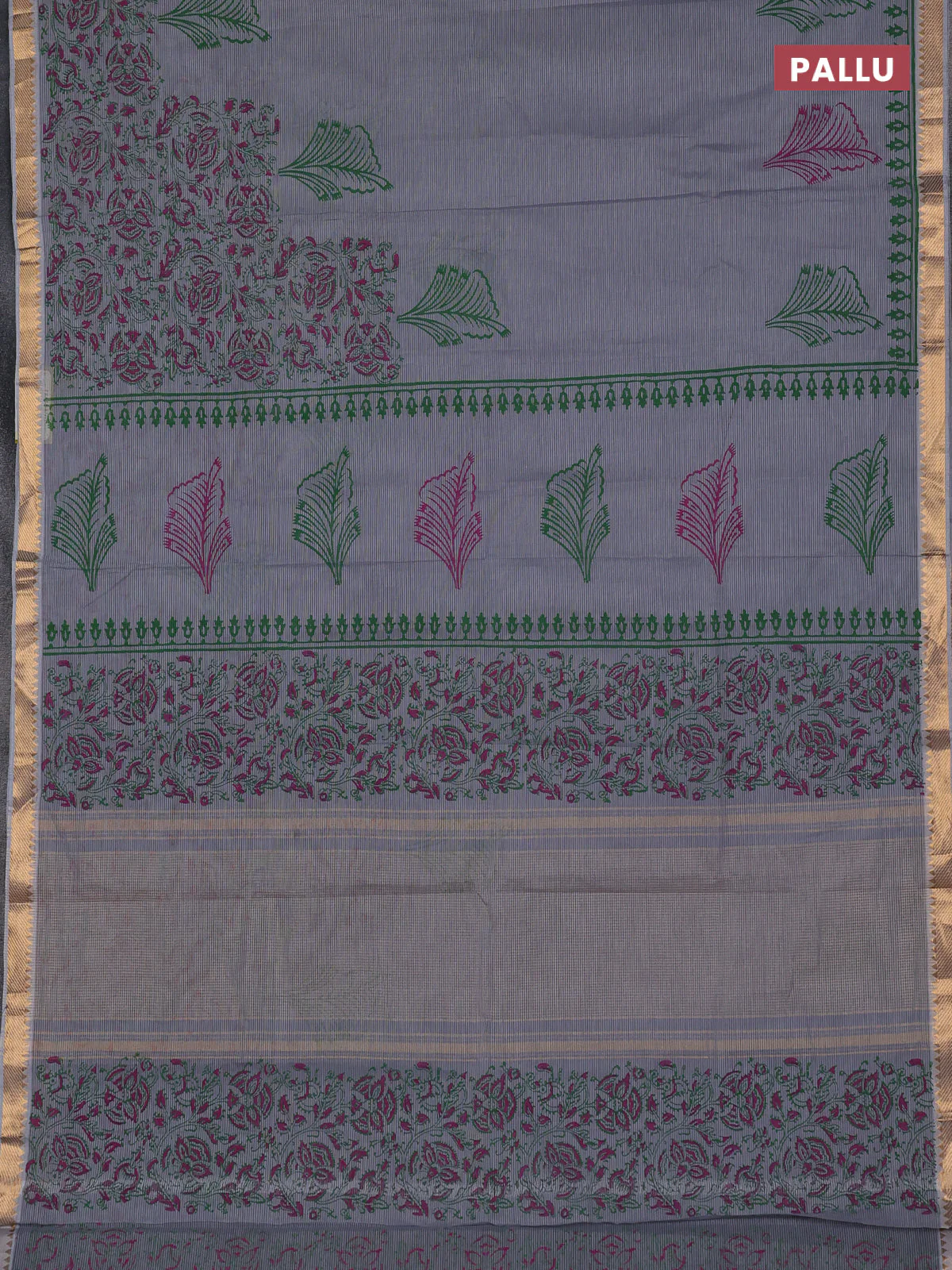 Mangalagiri cotton block printed saree grey with butta prints and mangalgiri border - Image 3