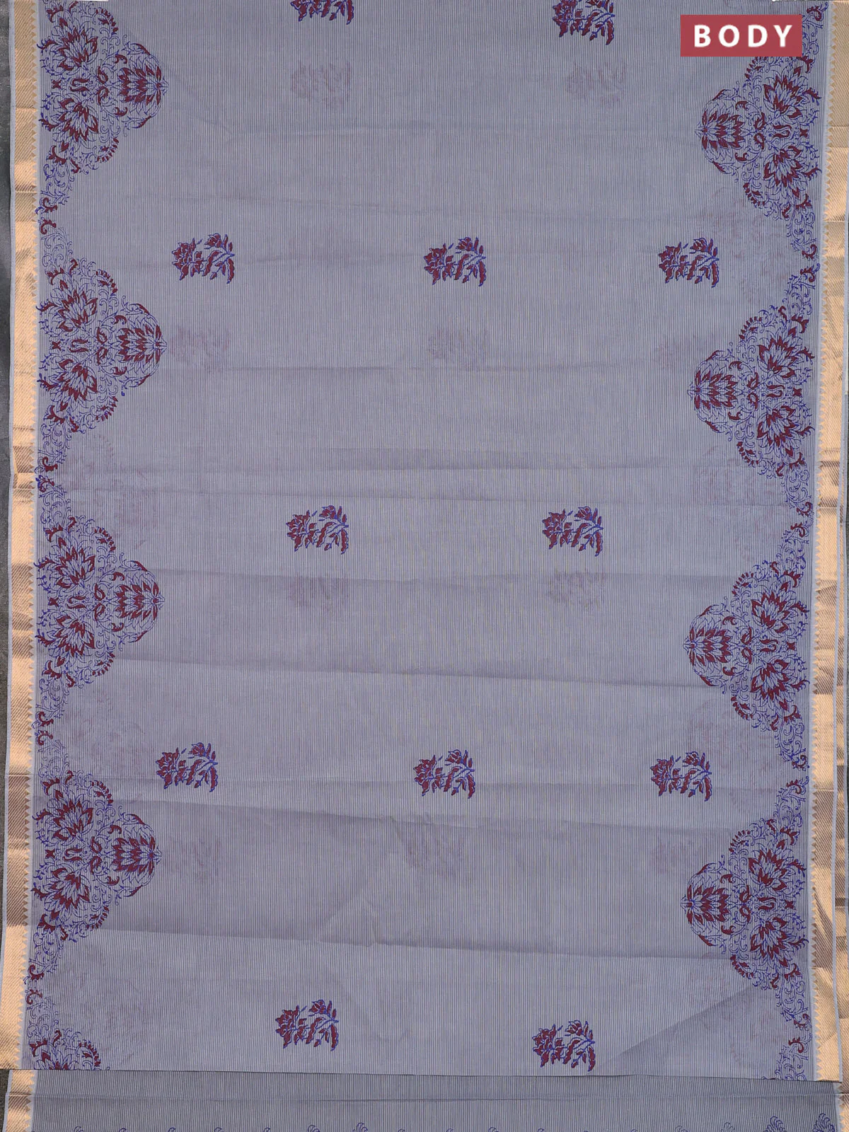 Mangalagiri cotton block printed saree grey with floral butta prints and mangalgiri border - Image 2