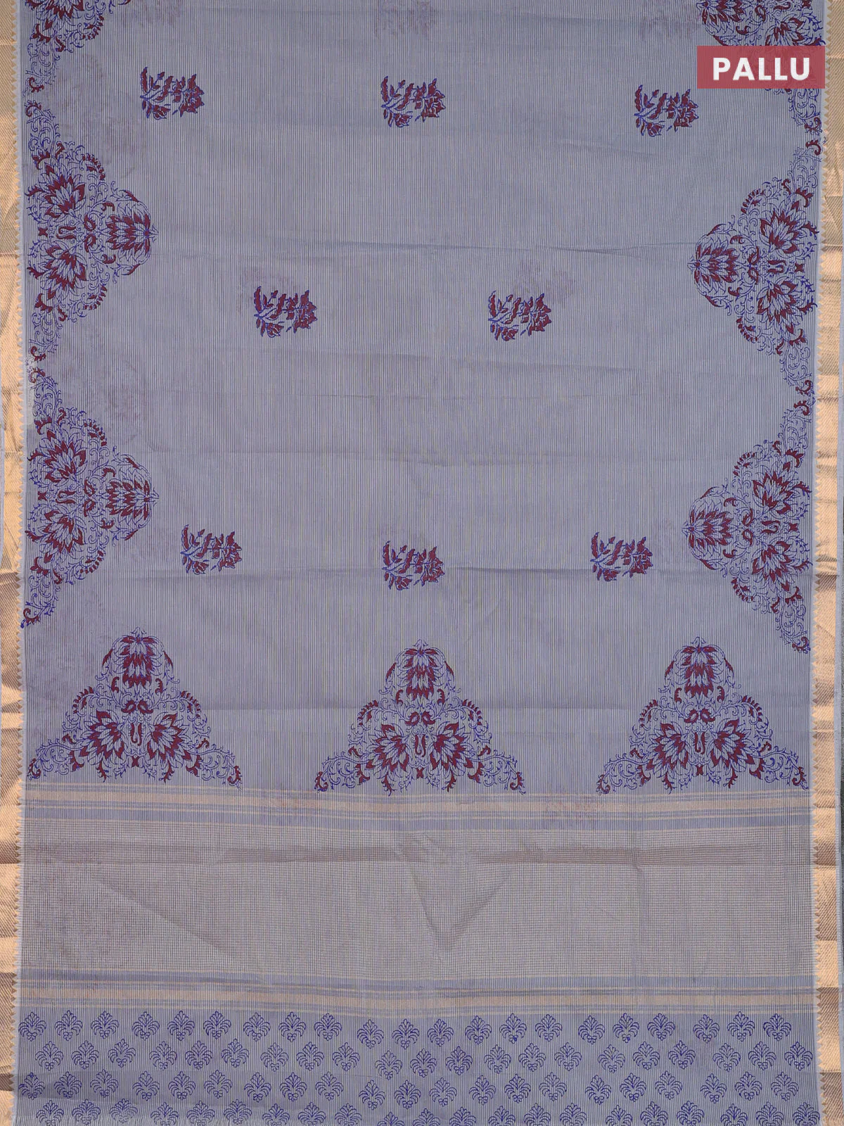 Mangalagiri cotton block printed saree grey with floral butta prints and mangalgiri border - Image 3