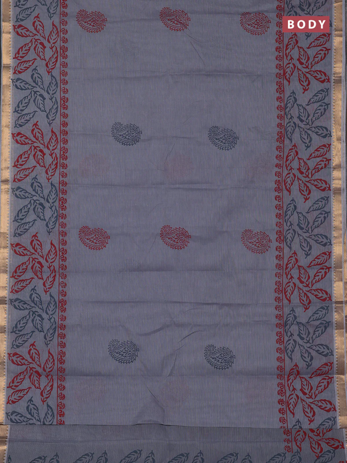 Mangalagiri cotton block printed saree grey with paisley butta prints and mangalgiri border - Image 2