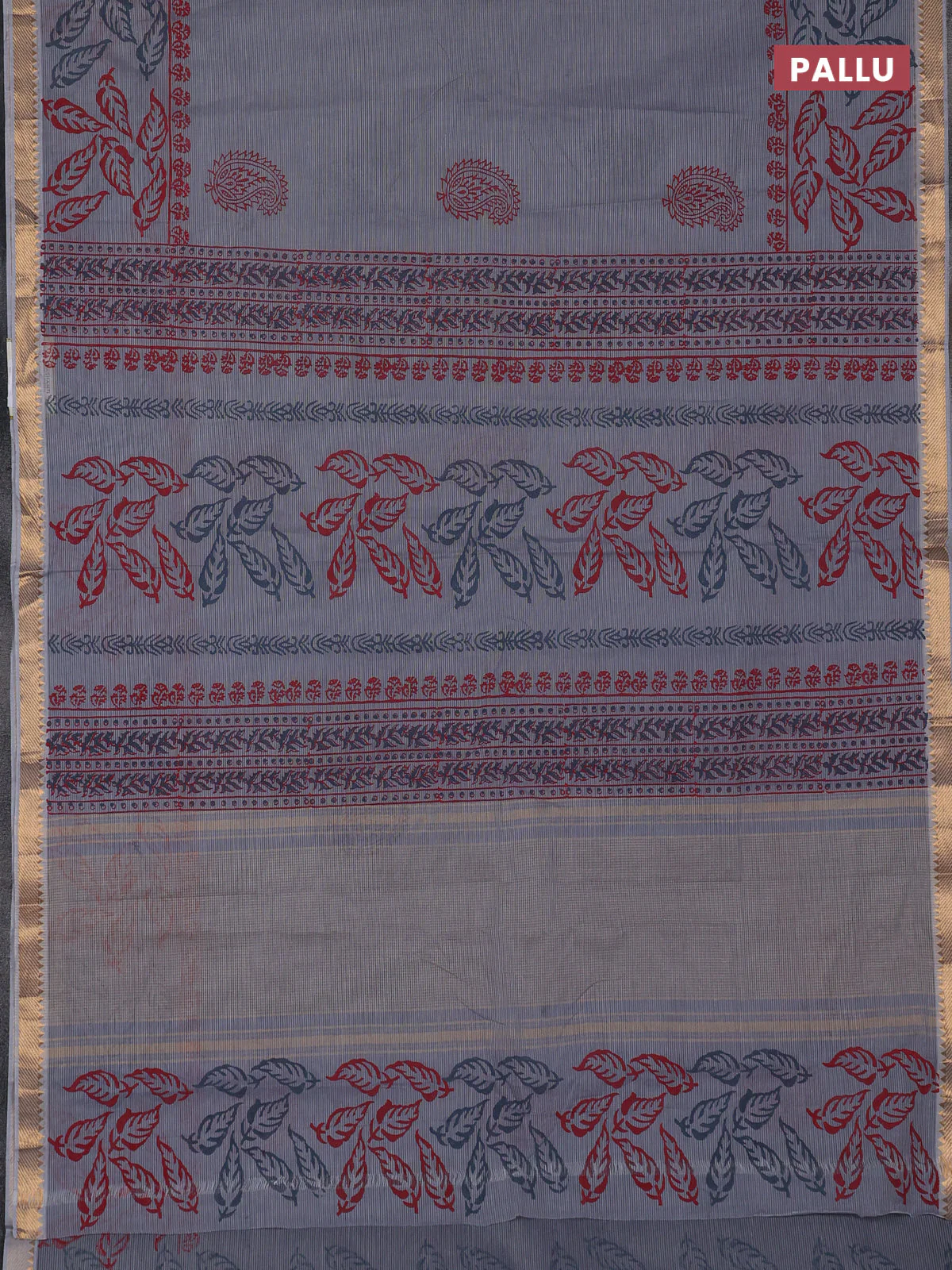 Mangalagiri cotton block printed saree grey with paisley butta prints and mangalgiri border - Image 3