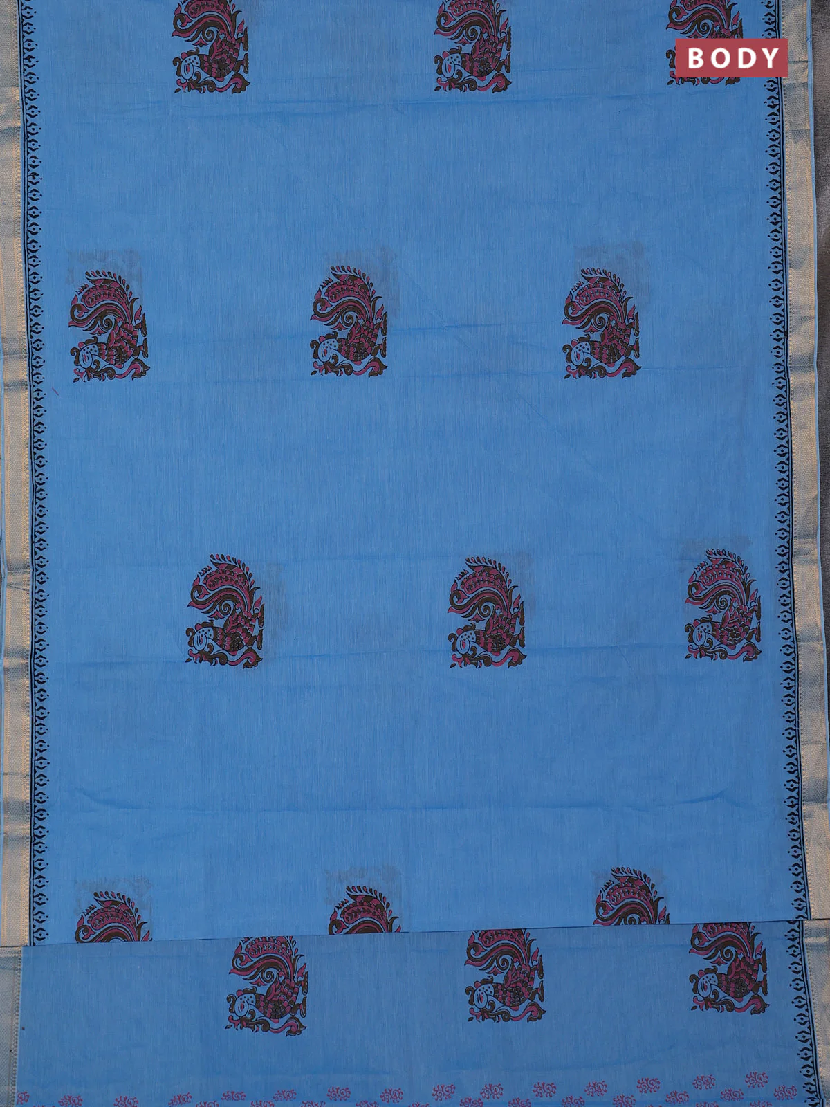 Mangalagiri cotton block printed saree light blue with annam butta prints and mangalgiri border - Image 2