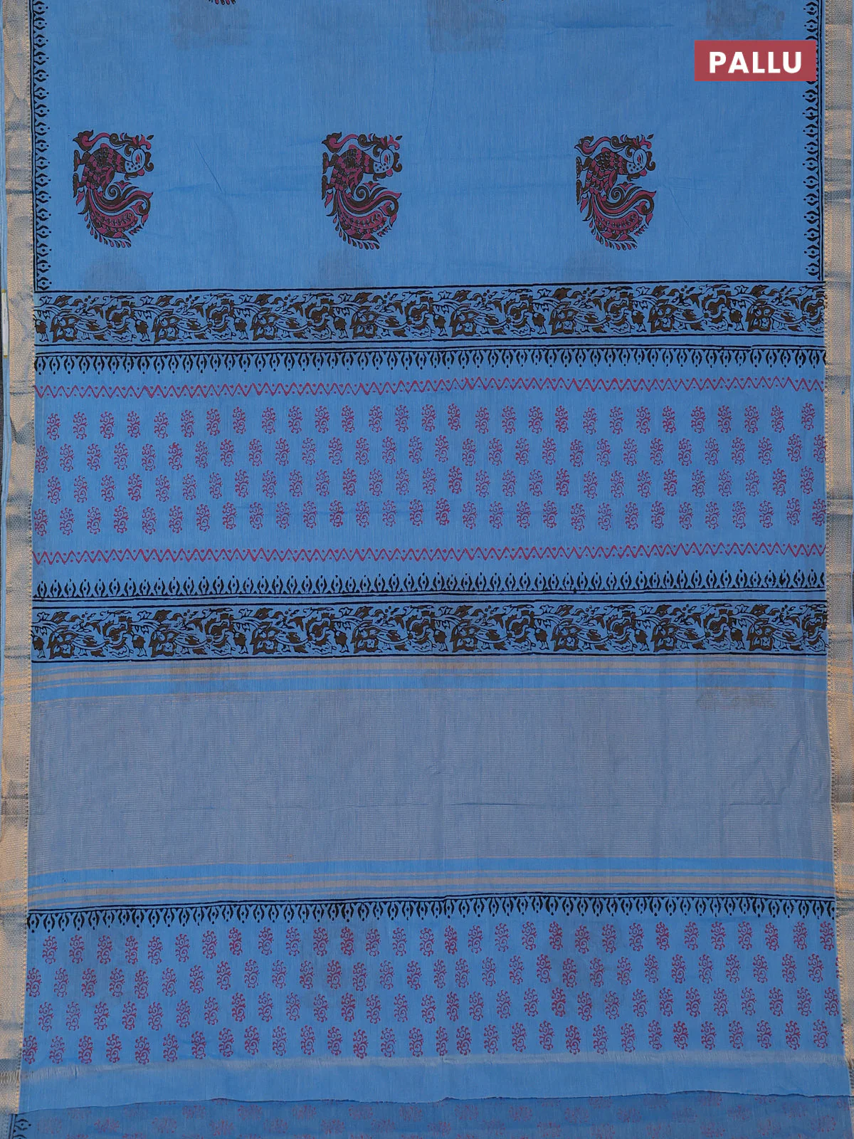Mangalagiri cotton block printed saree light blue with annam butta prints and mangalgiri border - Image 3