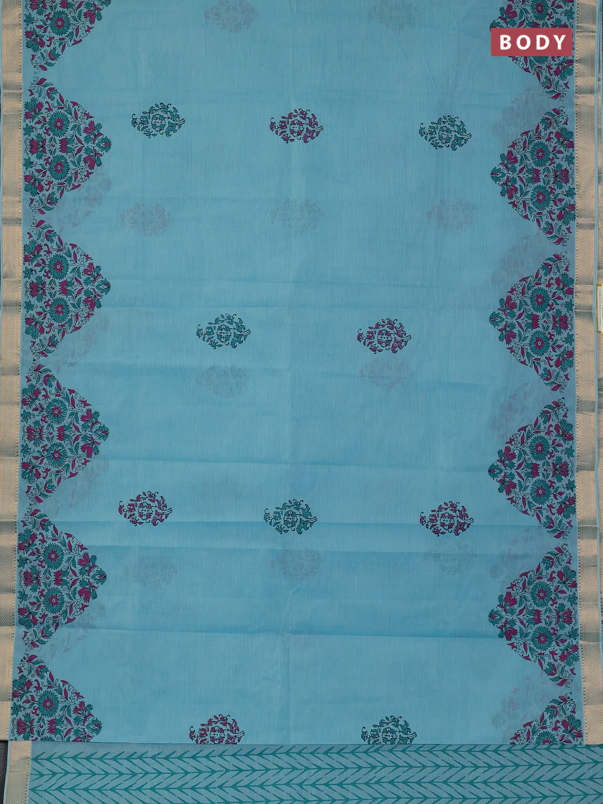 Mangalagiri cotton block printed saree light blue with butta prints and mangalgiri border - Image 2