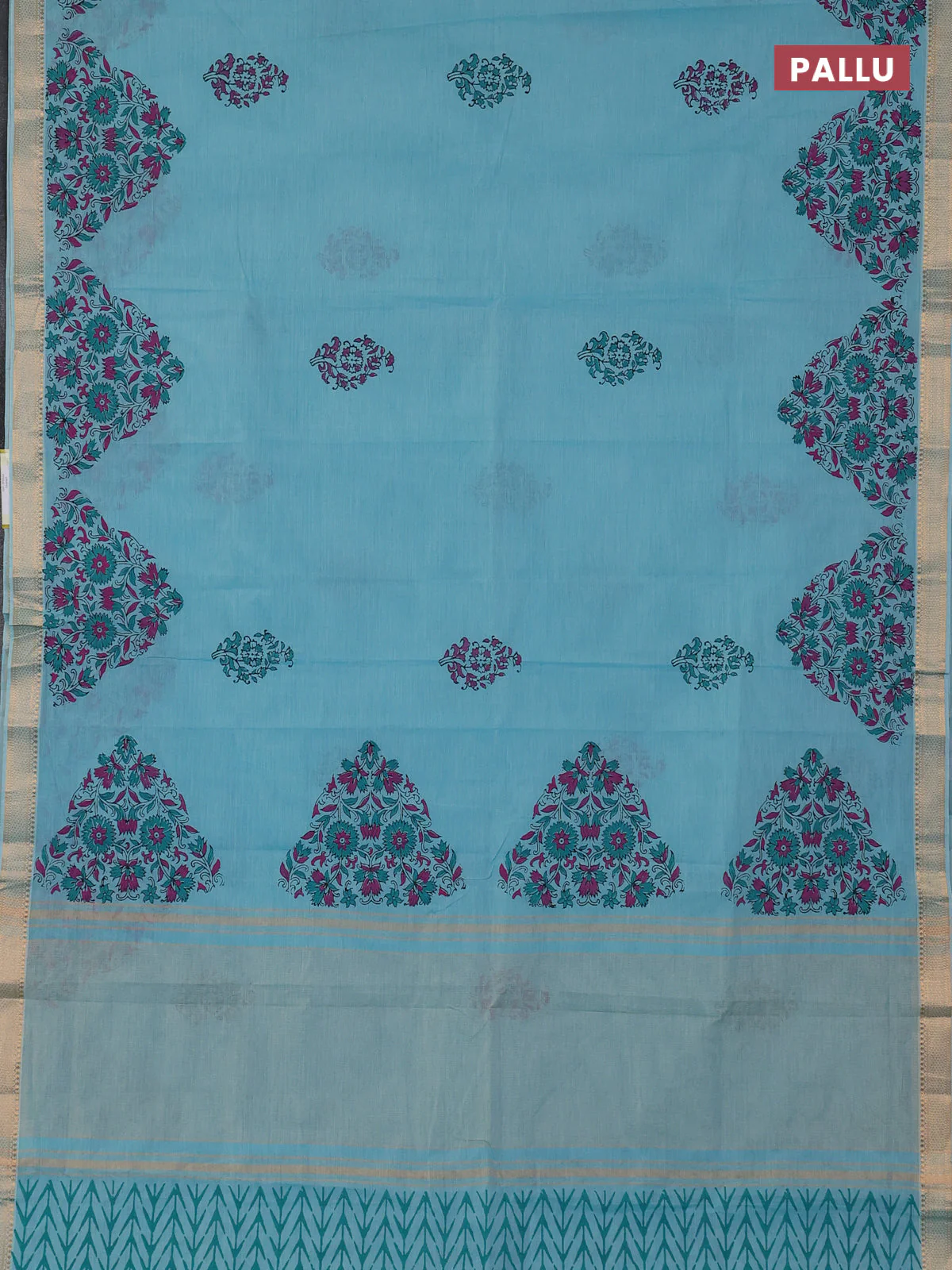 Mangalagiri cotton block printed saree light blue with butta prints and mangalgiri border - Image 3