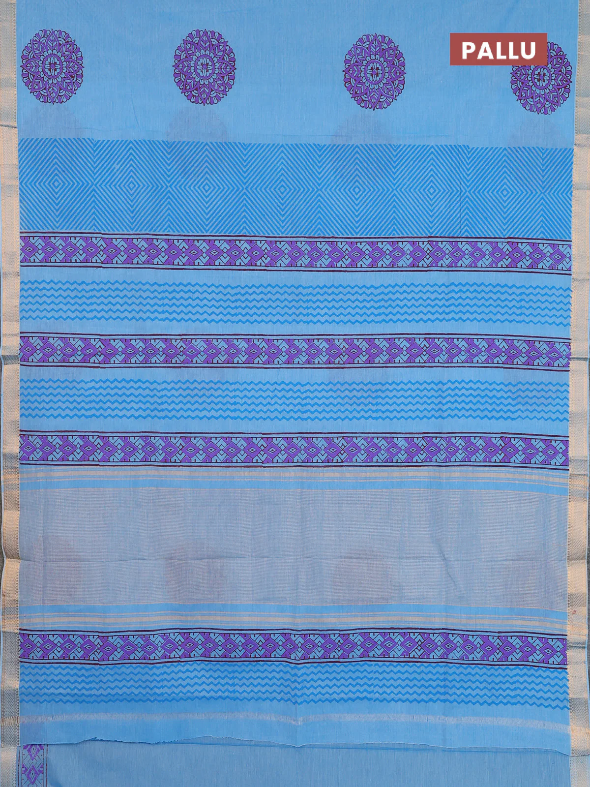 Mangalagiri cotton block printed saree light blue with butta prints and mangalgiri border - Image 3