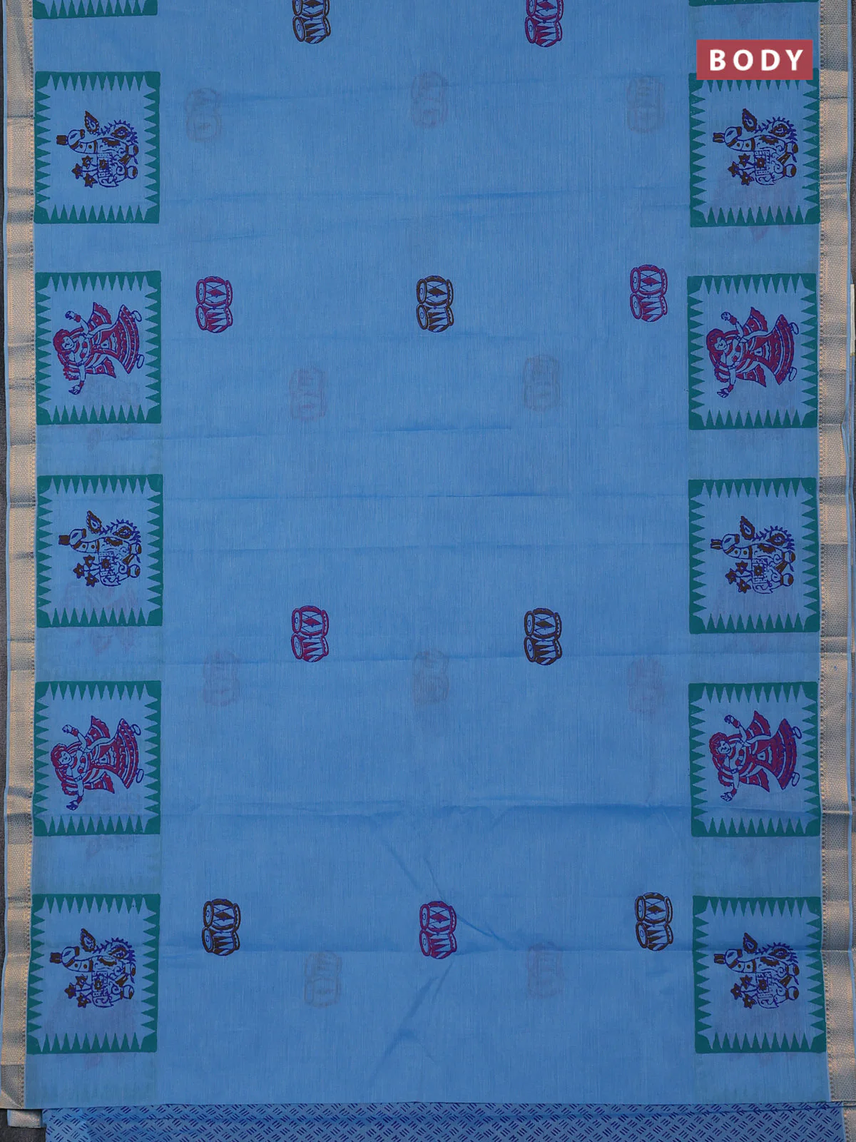 Mangalagiri cotton block printed saree light blue with butta prints and mangalgiri border - Image 2