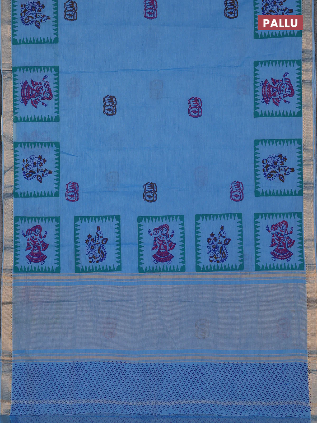Mangalagiri cotton block printed saree light blue with butta prints and mangalgiri border - Image 3