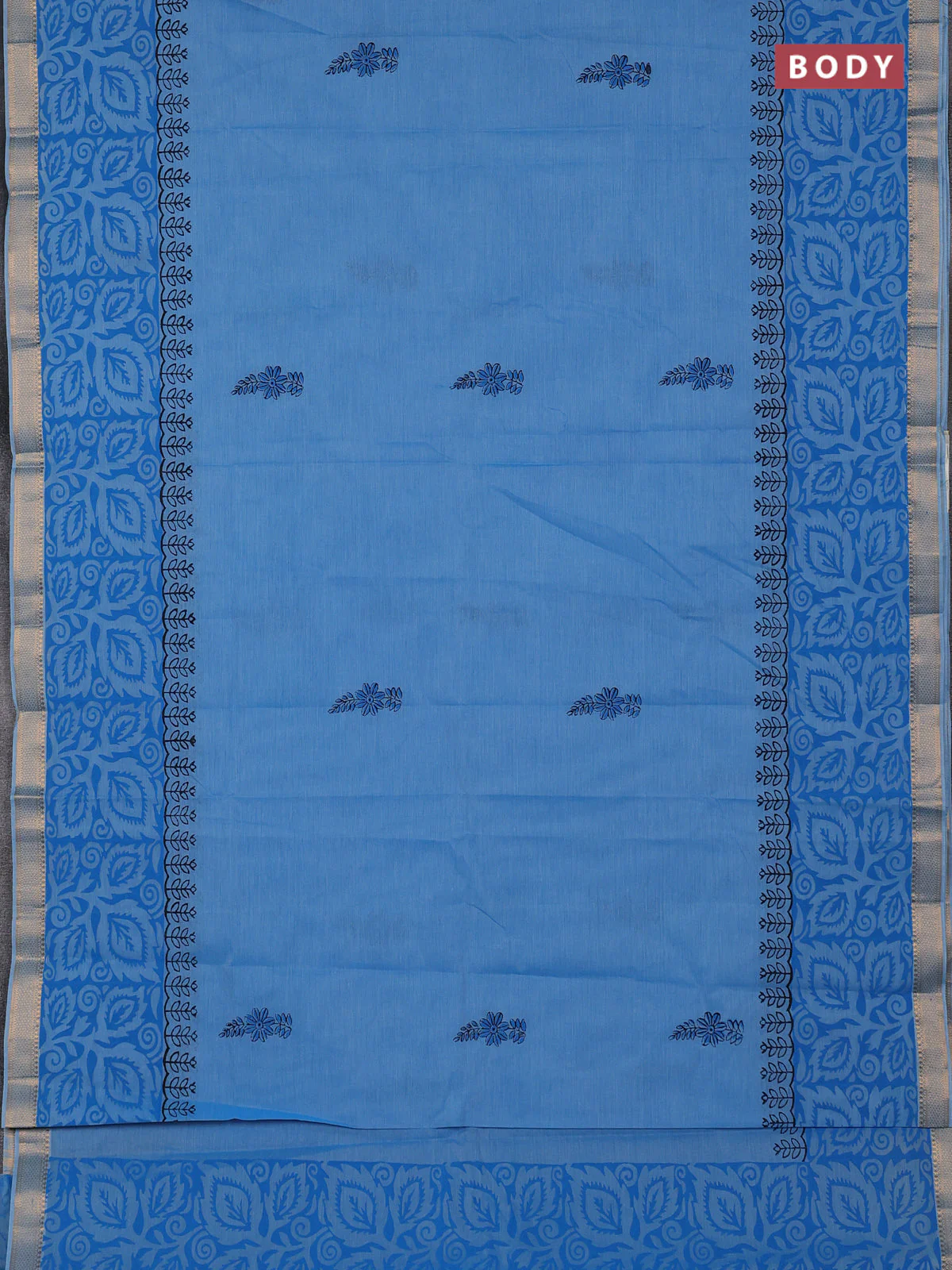 Mangalagiri cotton block printed saree light blue with butta prints and mangalgiri border - Image 2