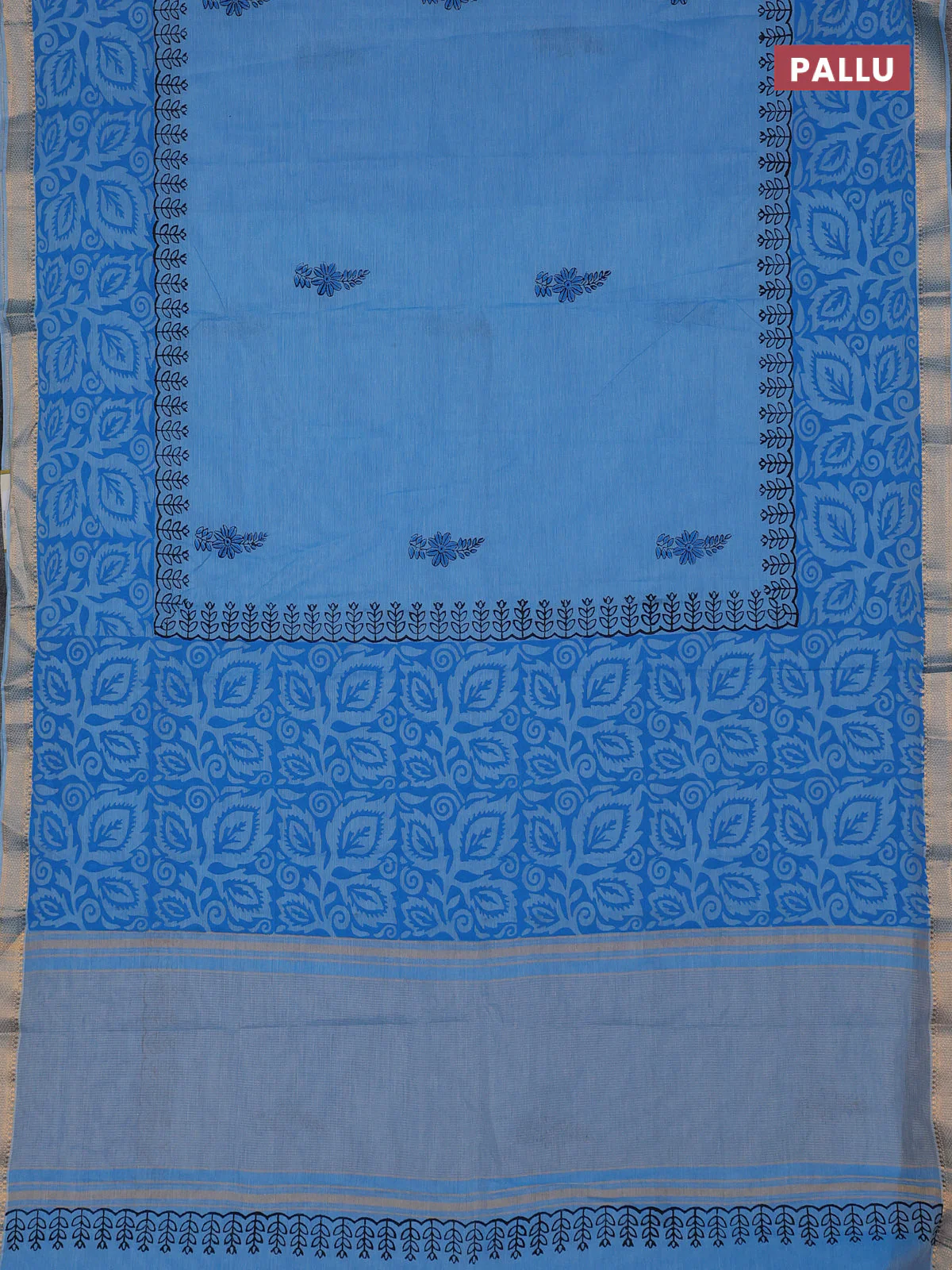 Mangalagiri cotton block printed saree light blue with butta prints and mangalgiri border - Image 3