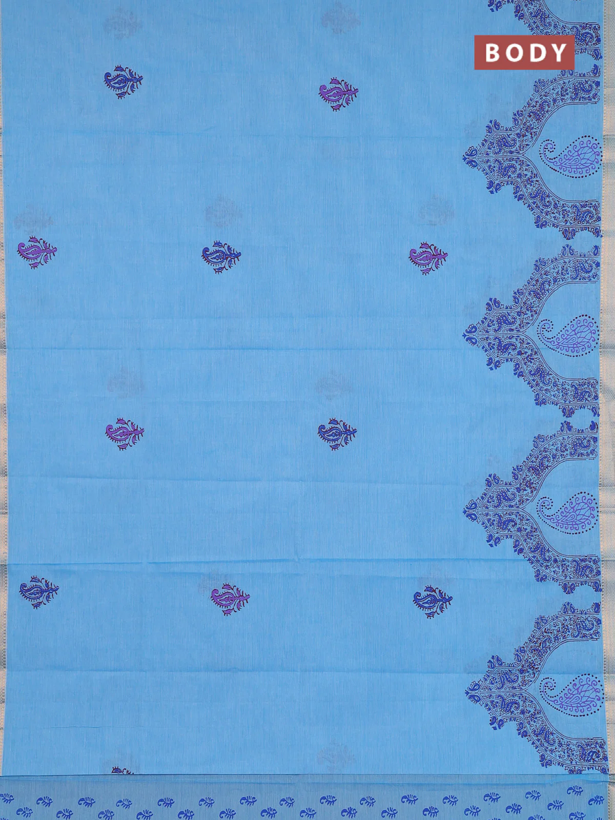 Mangalagiri cotton block printed saree light blue with butta prints and mangalgiri border - Image 2