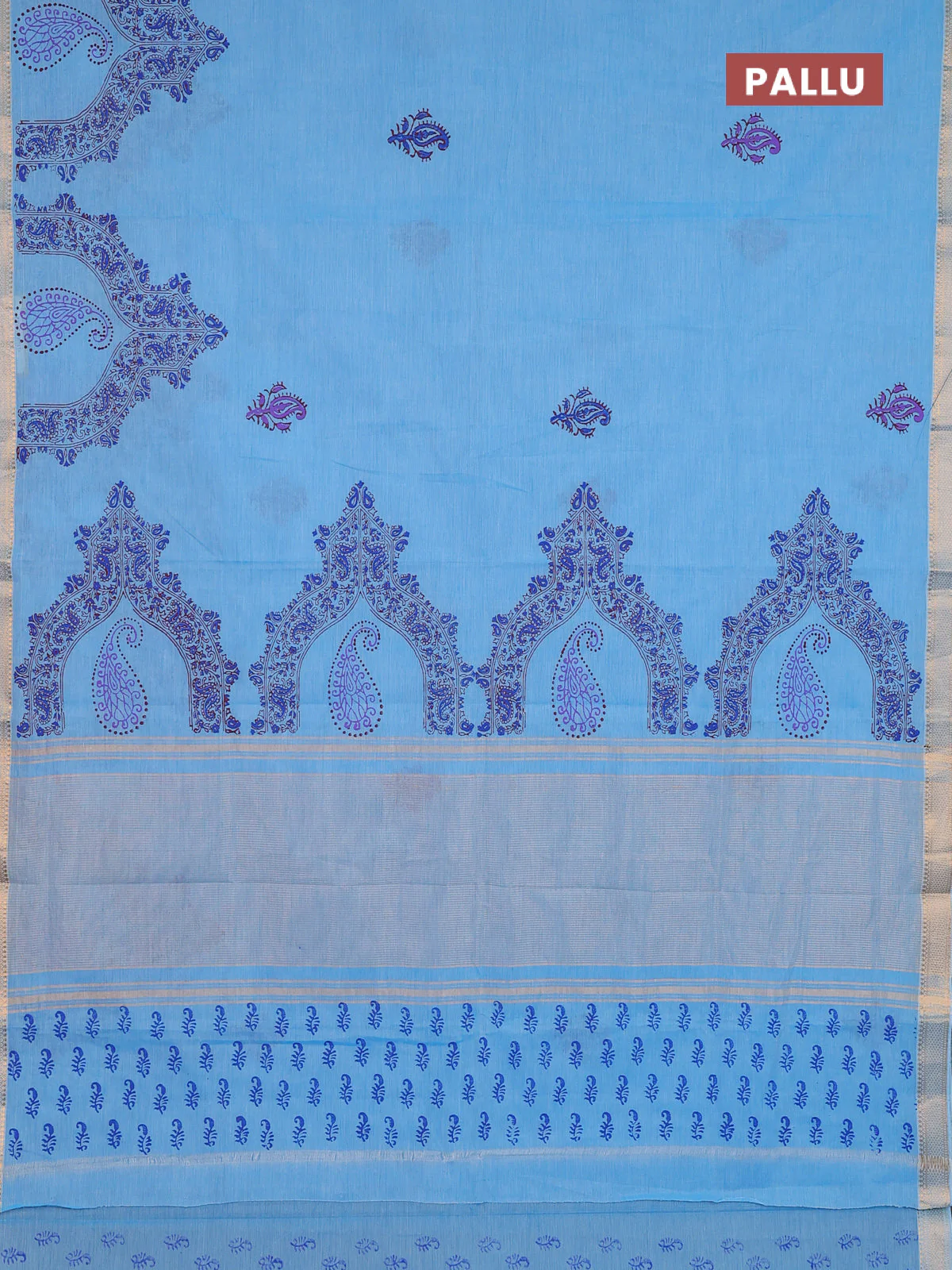 Mangalagiri cotton block printed saree light blue with butta prints and mangalgiri border - Image 3