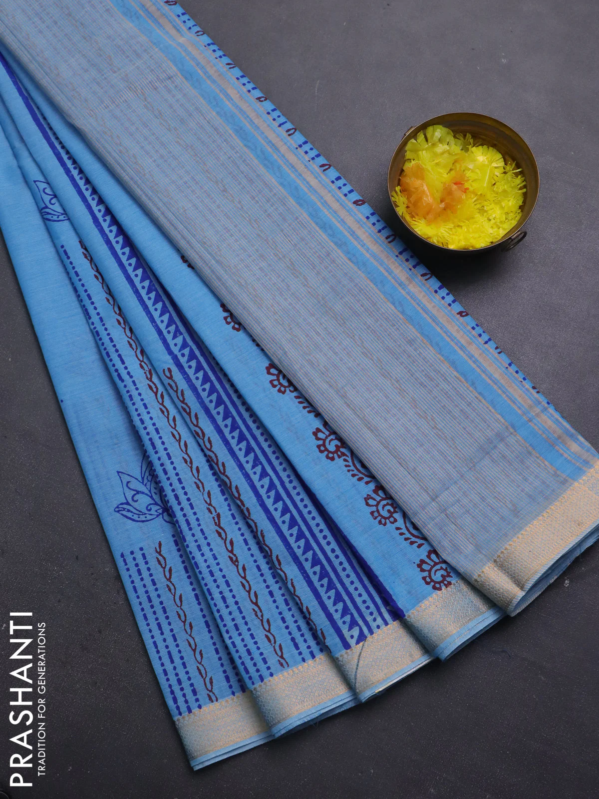 Mangalagiri cotton block printed saree light blue with prints and mangalgiri border