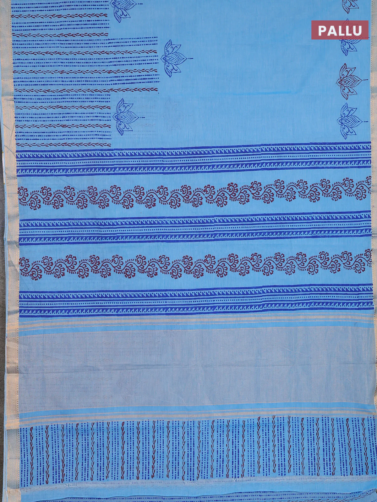 Mangalagiri cotton block printed saree light blue with prints and mangalgiri border - Image 3