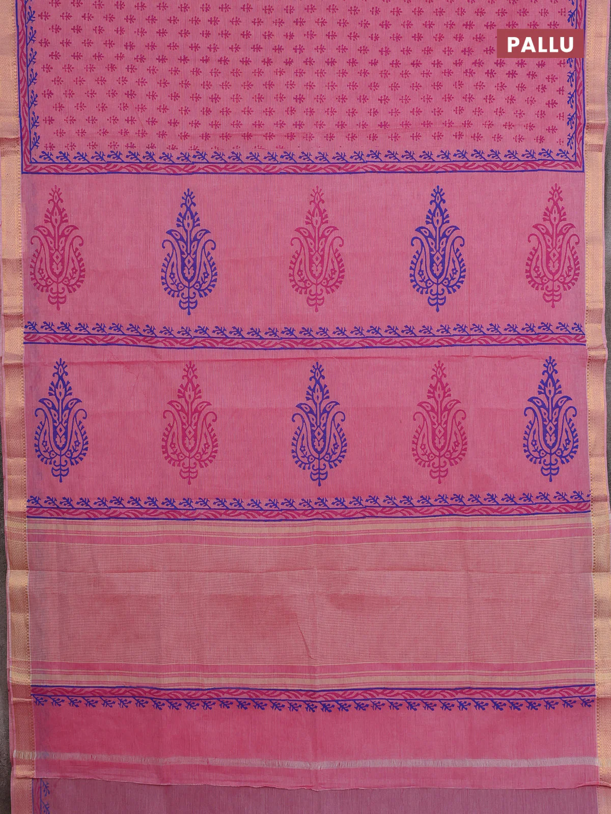 Mangalagiri cotton block printed saree light pink with allover butta prints and mangalgiri border - Image 3