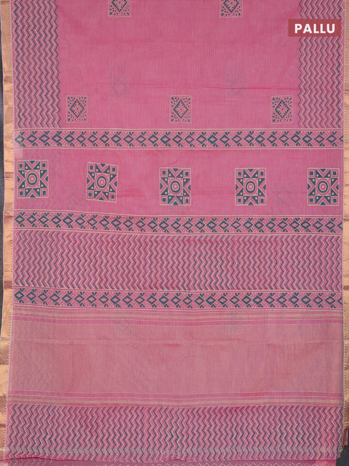 Mangalagiri cotton block printed saree light pink with butta prints and mangalgiri border - Image 3