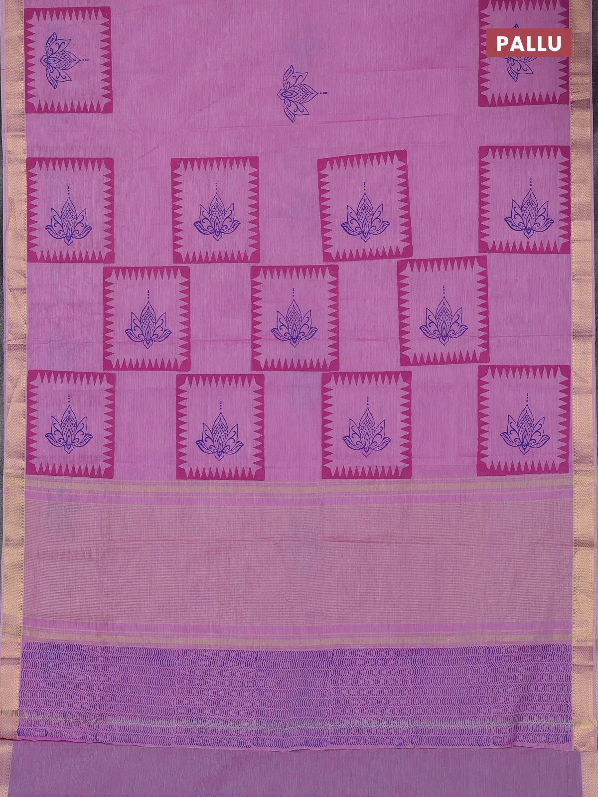 Mangalagiri cotton block printed saree lotus pink with allover prints and mangalgiri border - Image 3
