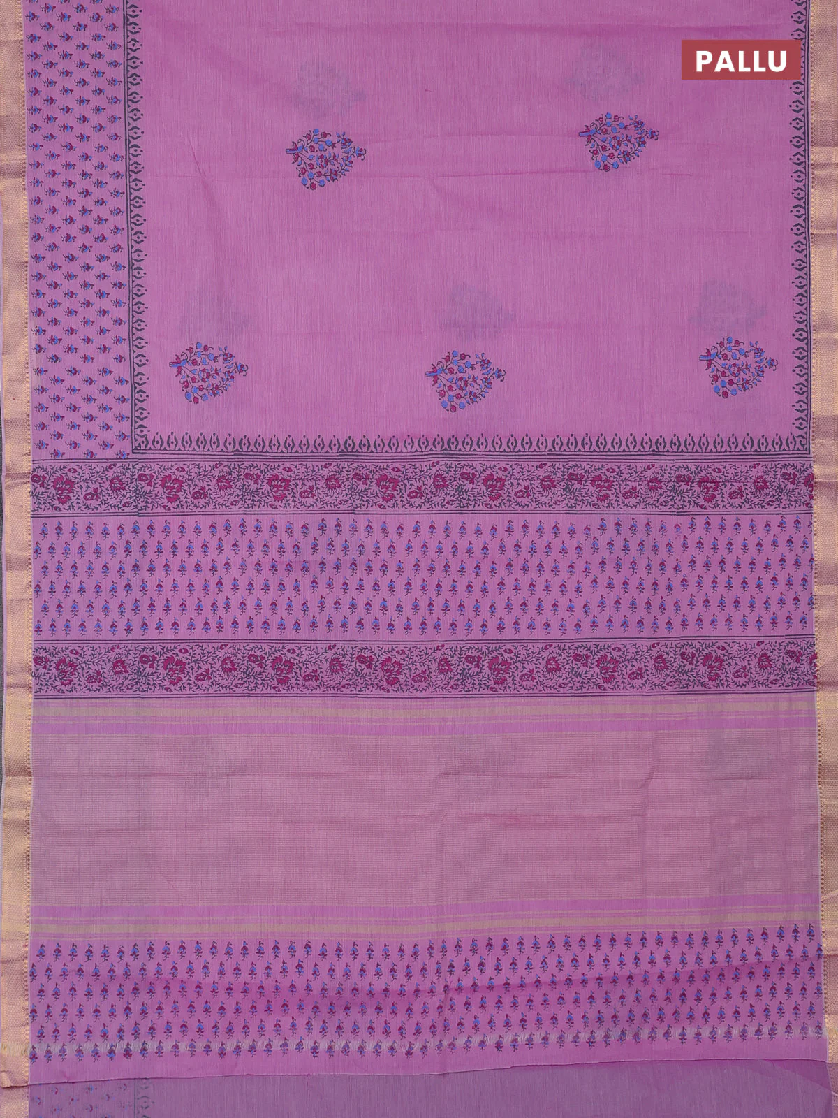 Mangalagiri cotton block printed saree lotus pink with butta prints and mangalgiri border - Image 3