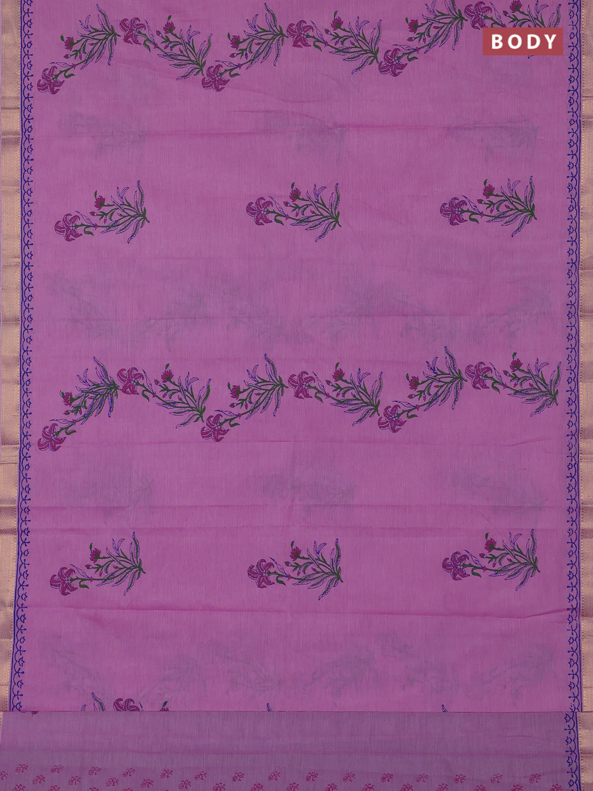 Mangalagiri cotton block printed saree lotus pink with floral butta prints and mangalgiri border - Image 2