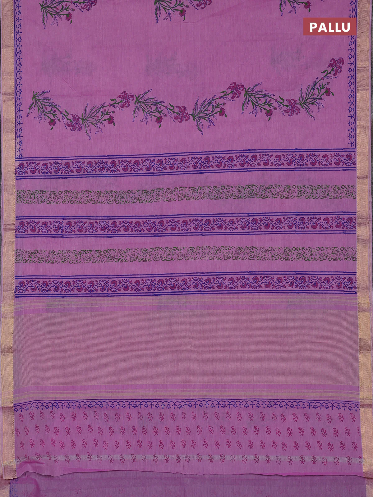 Mangalagiri cotton block printed saree lotus pink with floral butta prints and mangalgiri border - Image 3